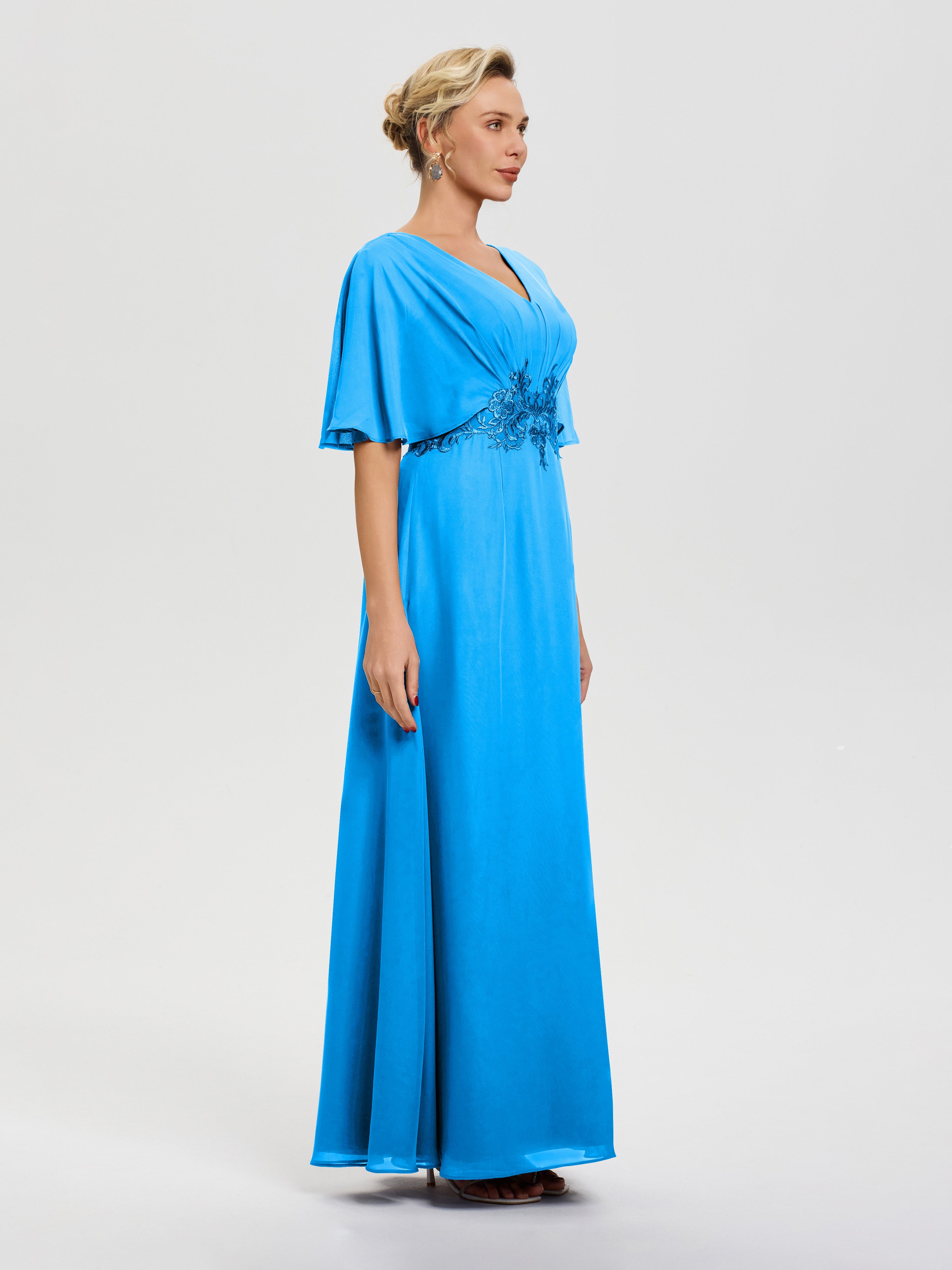 Robe Mère De La Mariée Bleu Océan Mousseline & Dentelle Col V Robe Mère De La Mariée