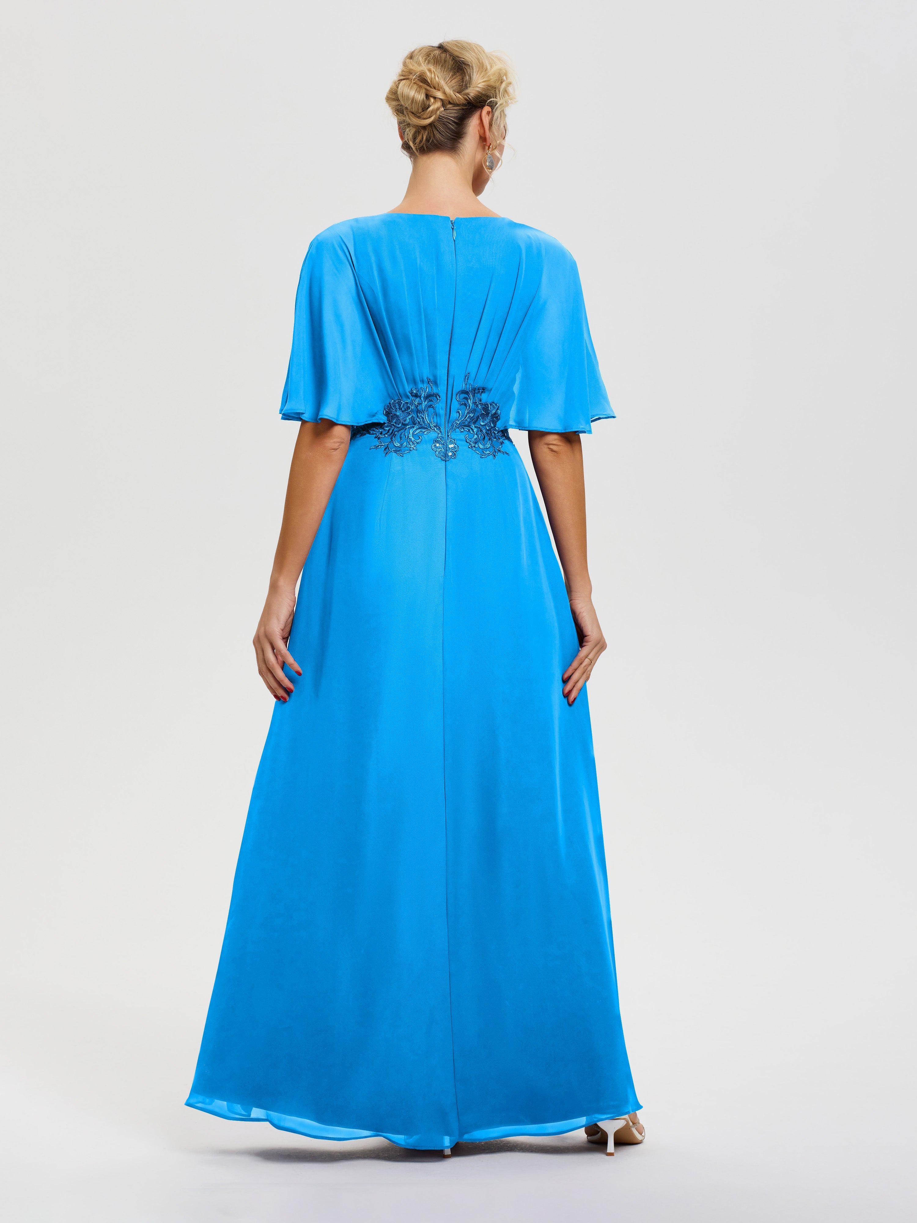 Robe Mère De La Mariée Bleu Océan Mousseline & Dentelle Col V Robe Mère De La Mariée