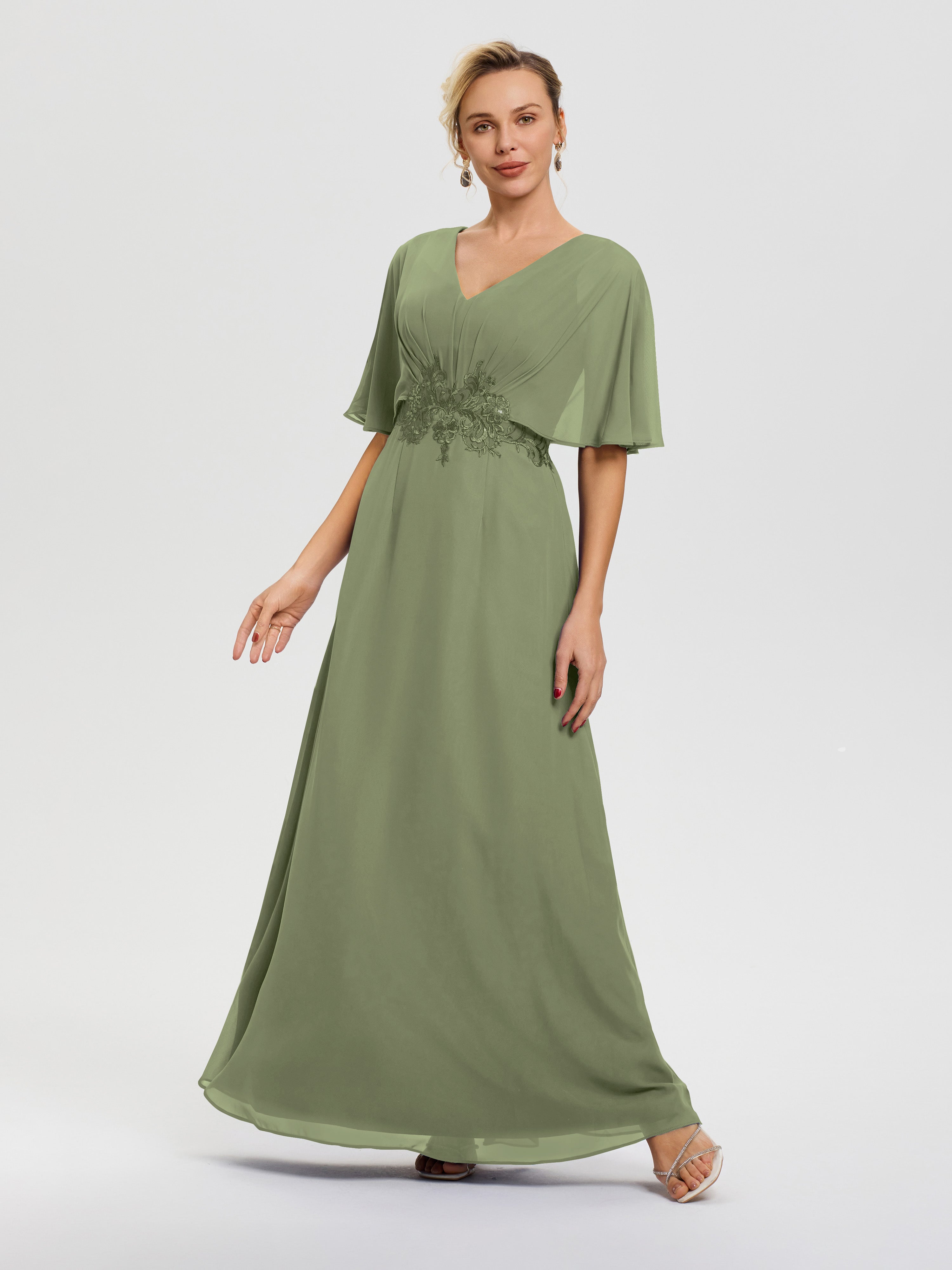 Robes Mères De La Mariée Vert Olive Mousseline & Dentelle Col V Robe Mère De La Mariée