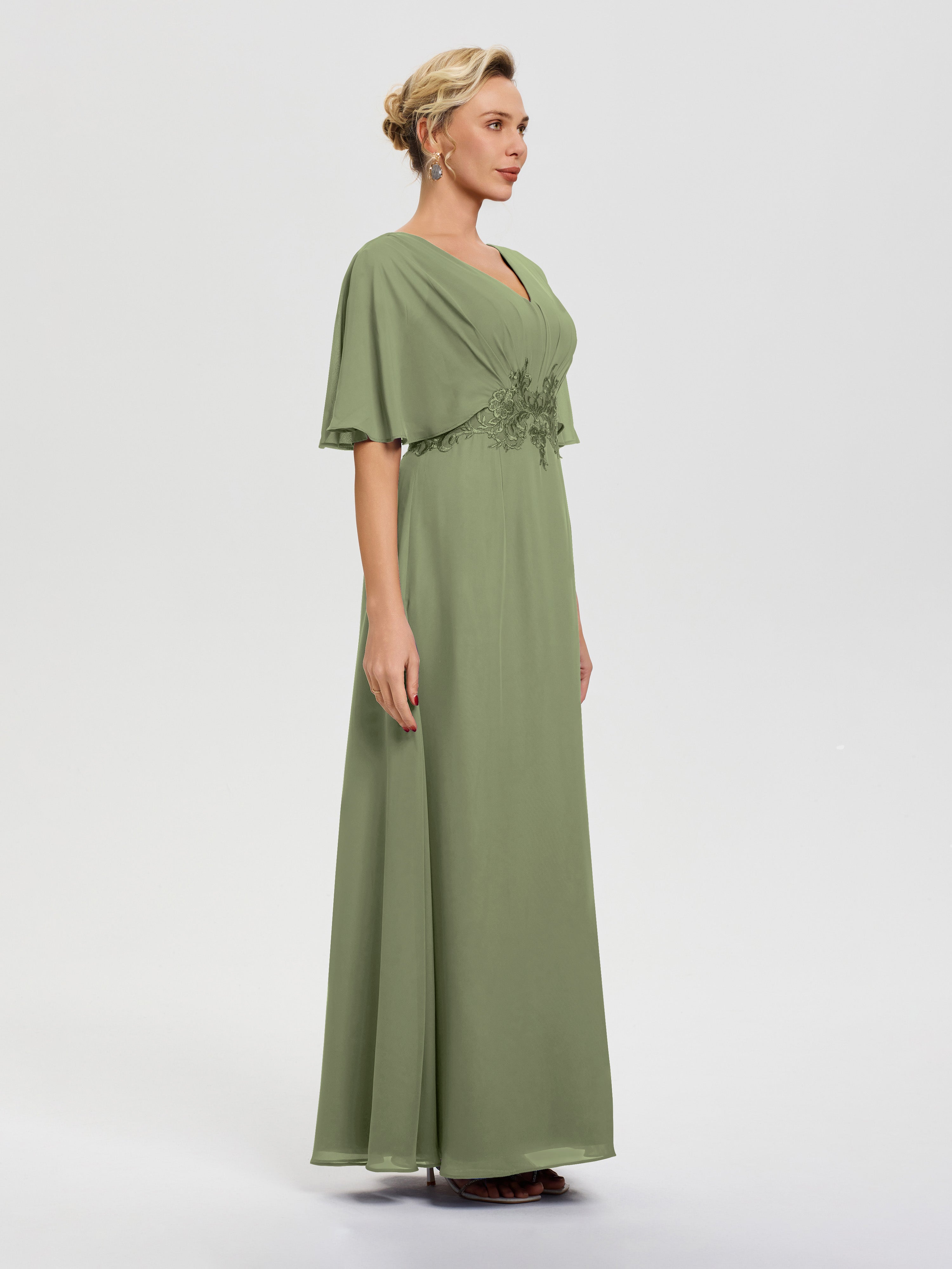 Robes Mères De La Mariée Vert Olive Mousseline & Dentelle Col V Robe Mère De La Mariée