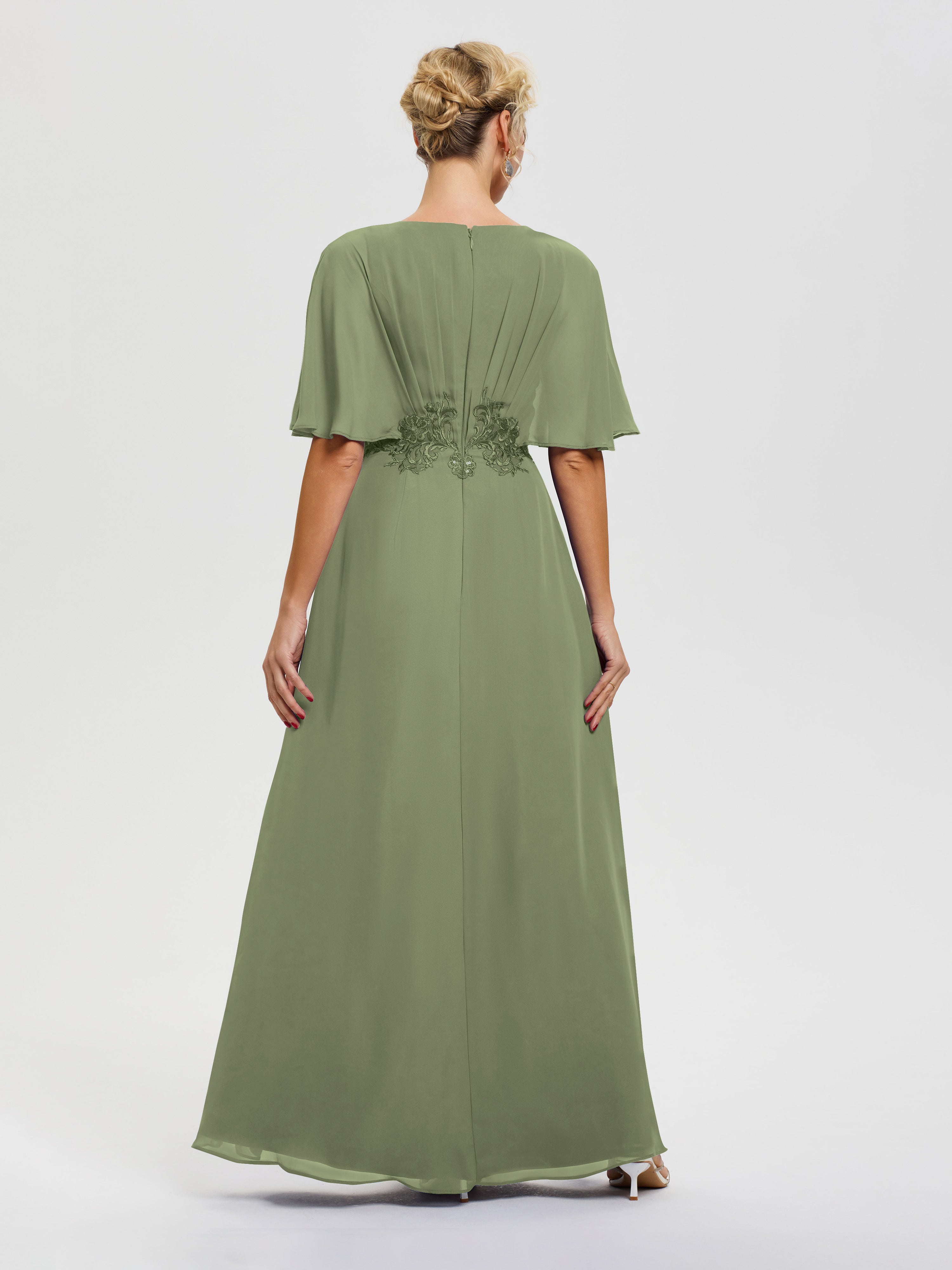 Robes Mères De La Mariée Vert Olive Mousseline & Dentelle Col V Robe Mère De La Mariée