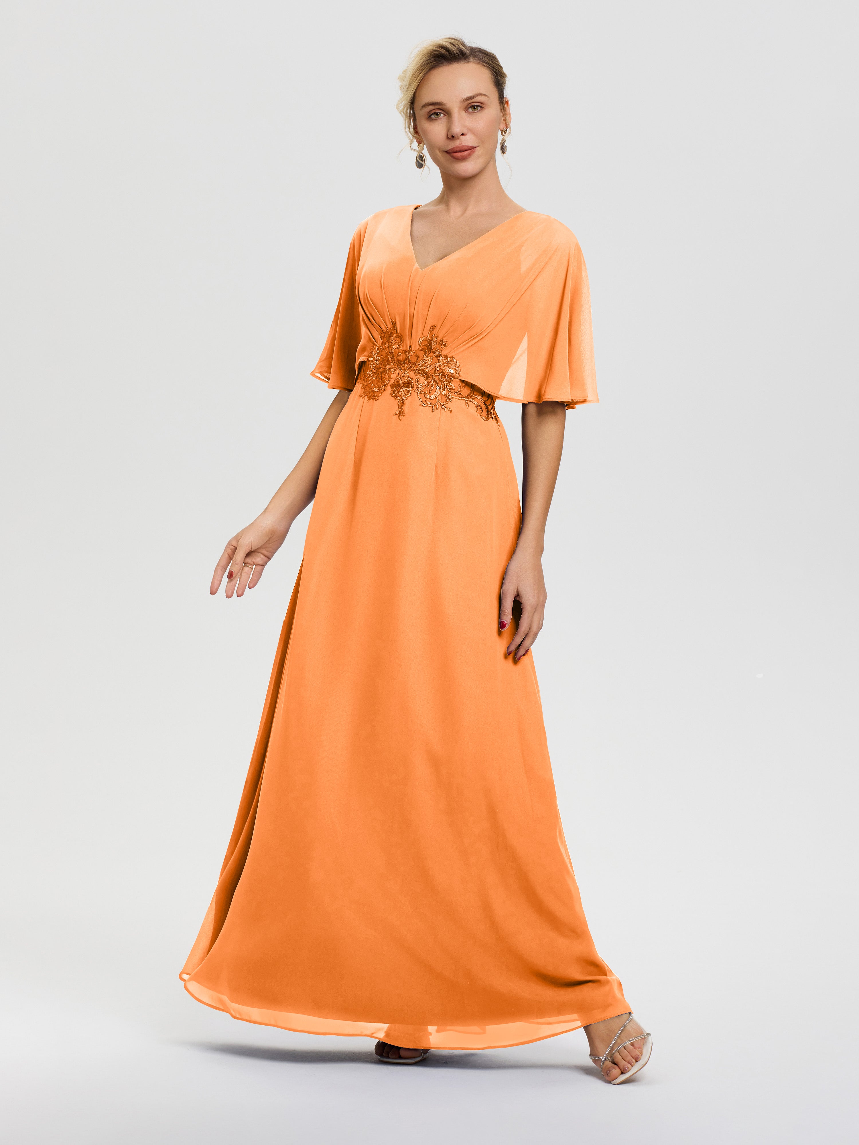 Robe Mariage Mère Du Marié Orange Mousseline & Dentelle Col V Robe Mère De La Mariée
