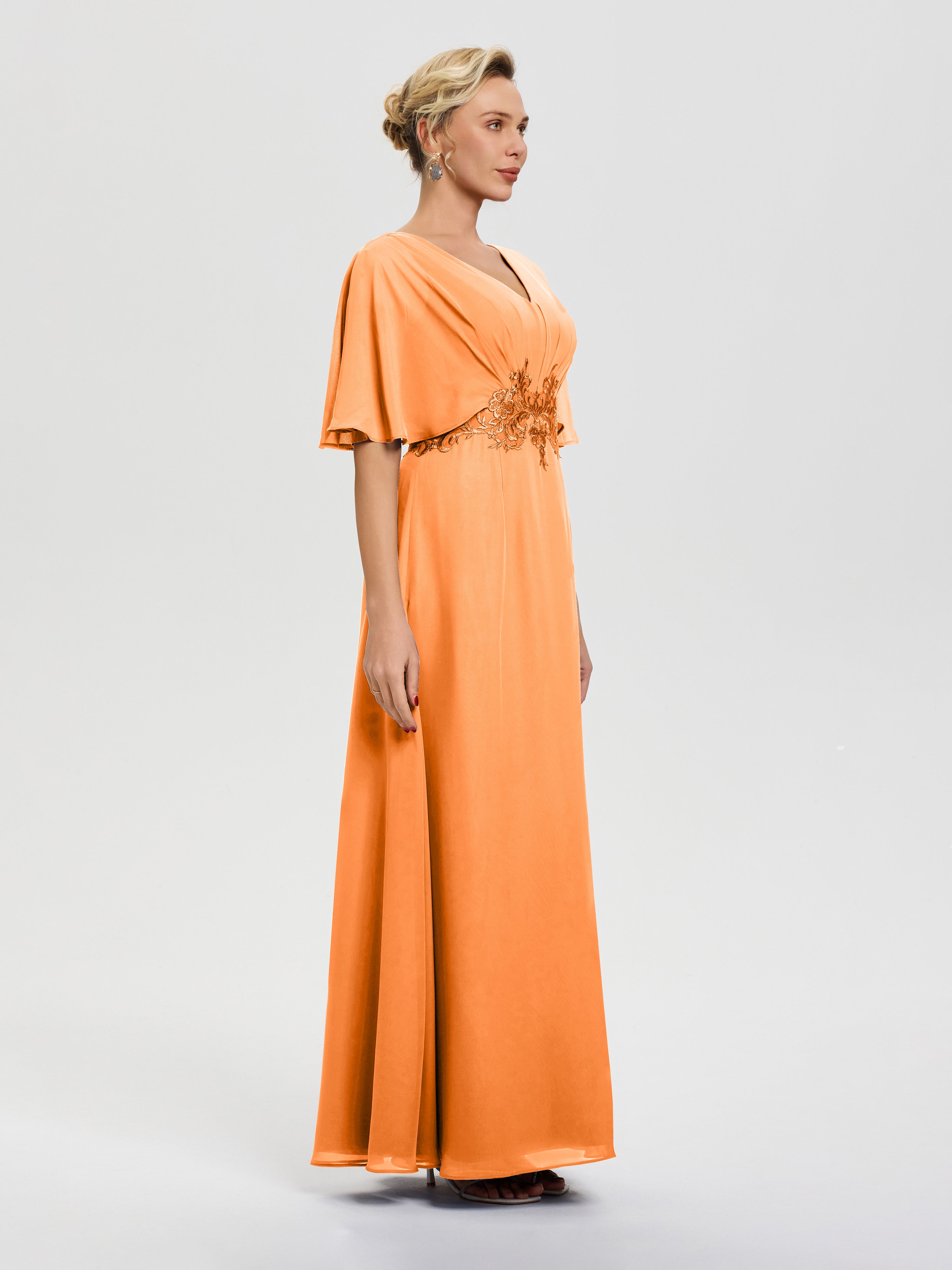 Robe Mariage Mère Du Marié Orange Mousseline & Dentelle Col V Robe Mère De La Mariée