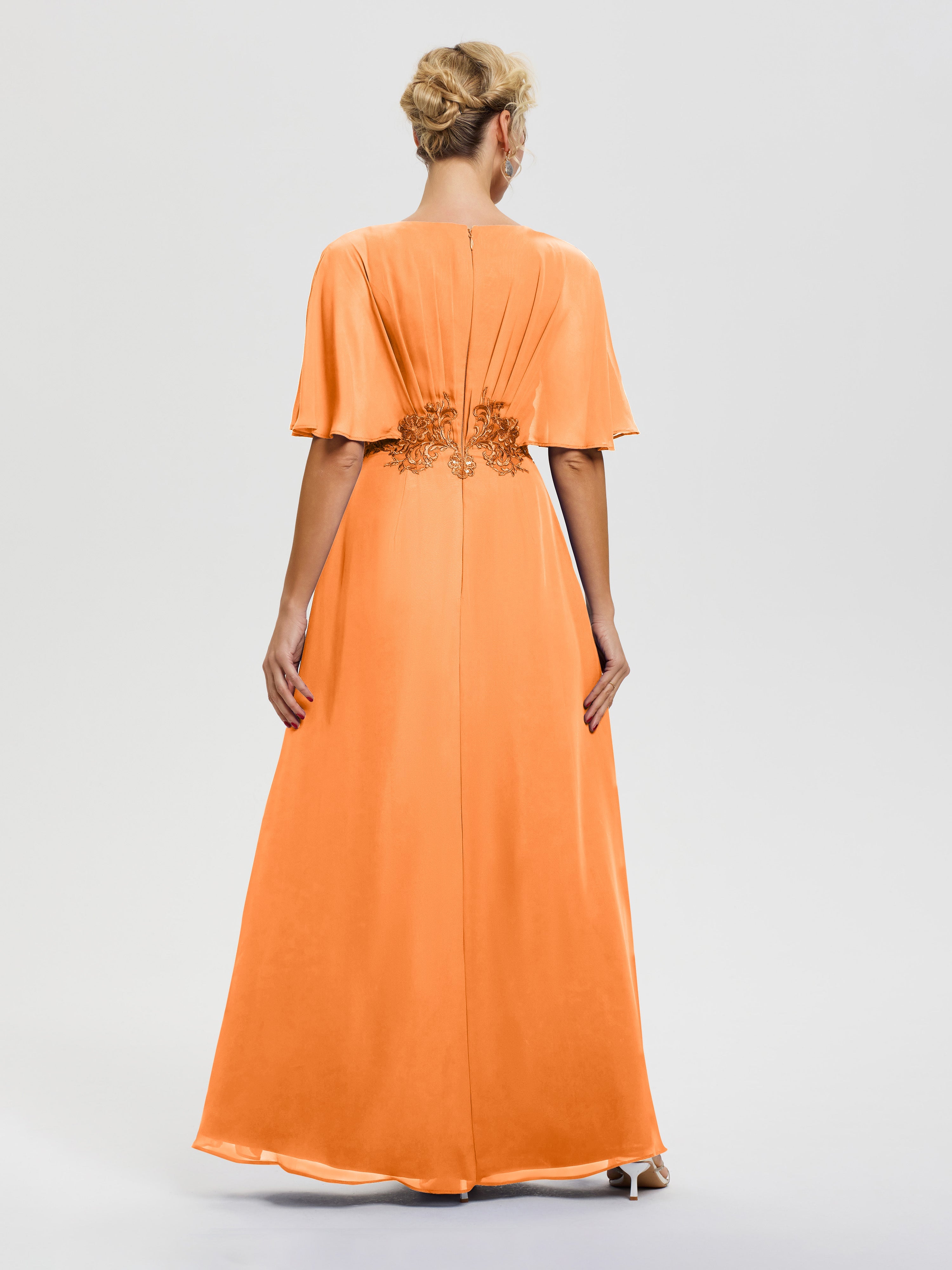 Robe Mariage Mère Du Marié Orange Mousseline & Dentelle Col V Robe Mère De La Mariée