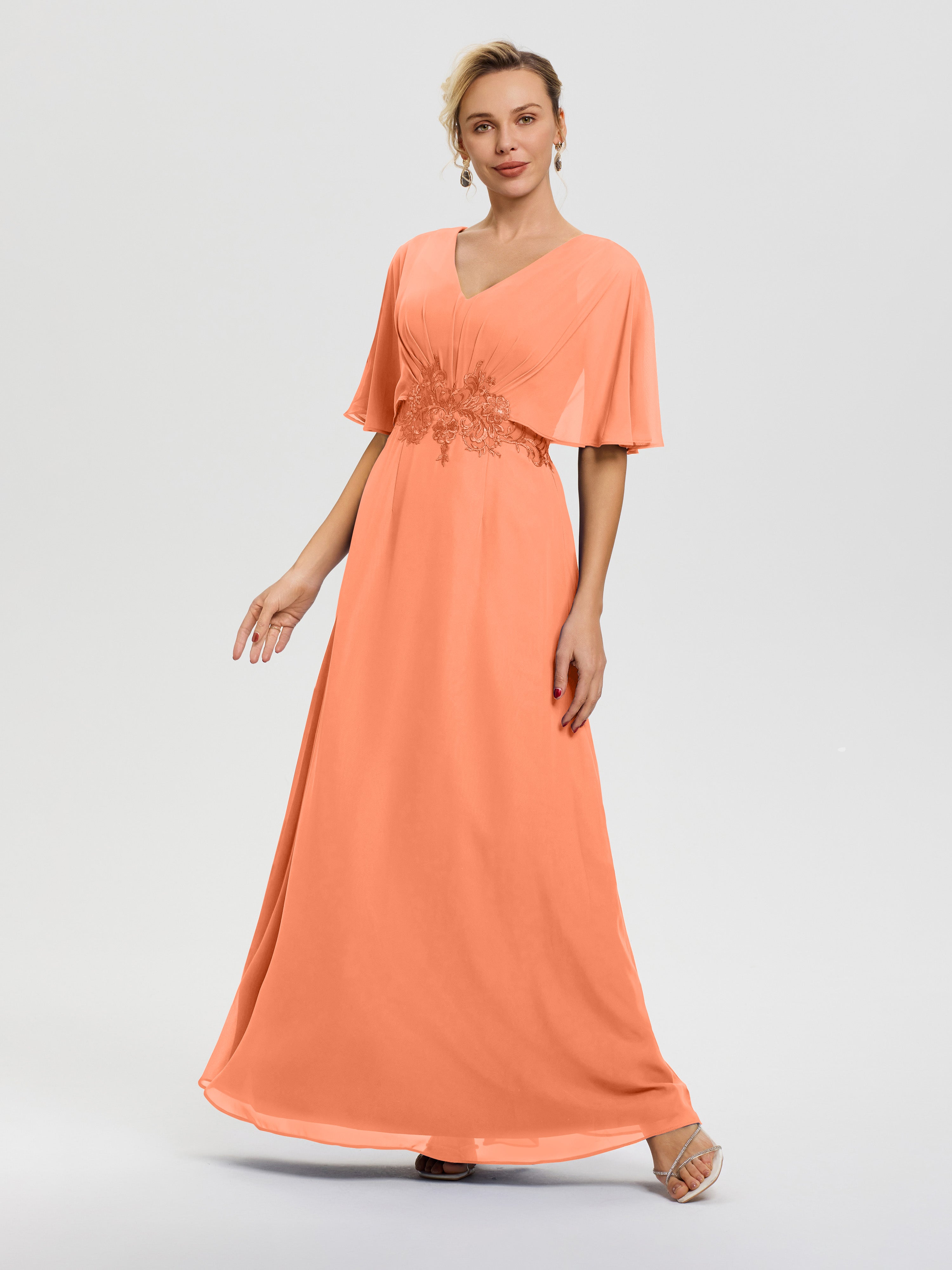 Robe Mère De La Mariee Papaye Mousseline & Dentelle Col V Robe Mère De La Mariée