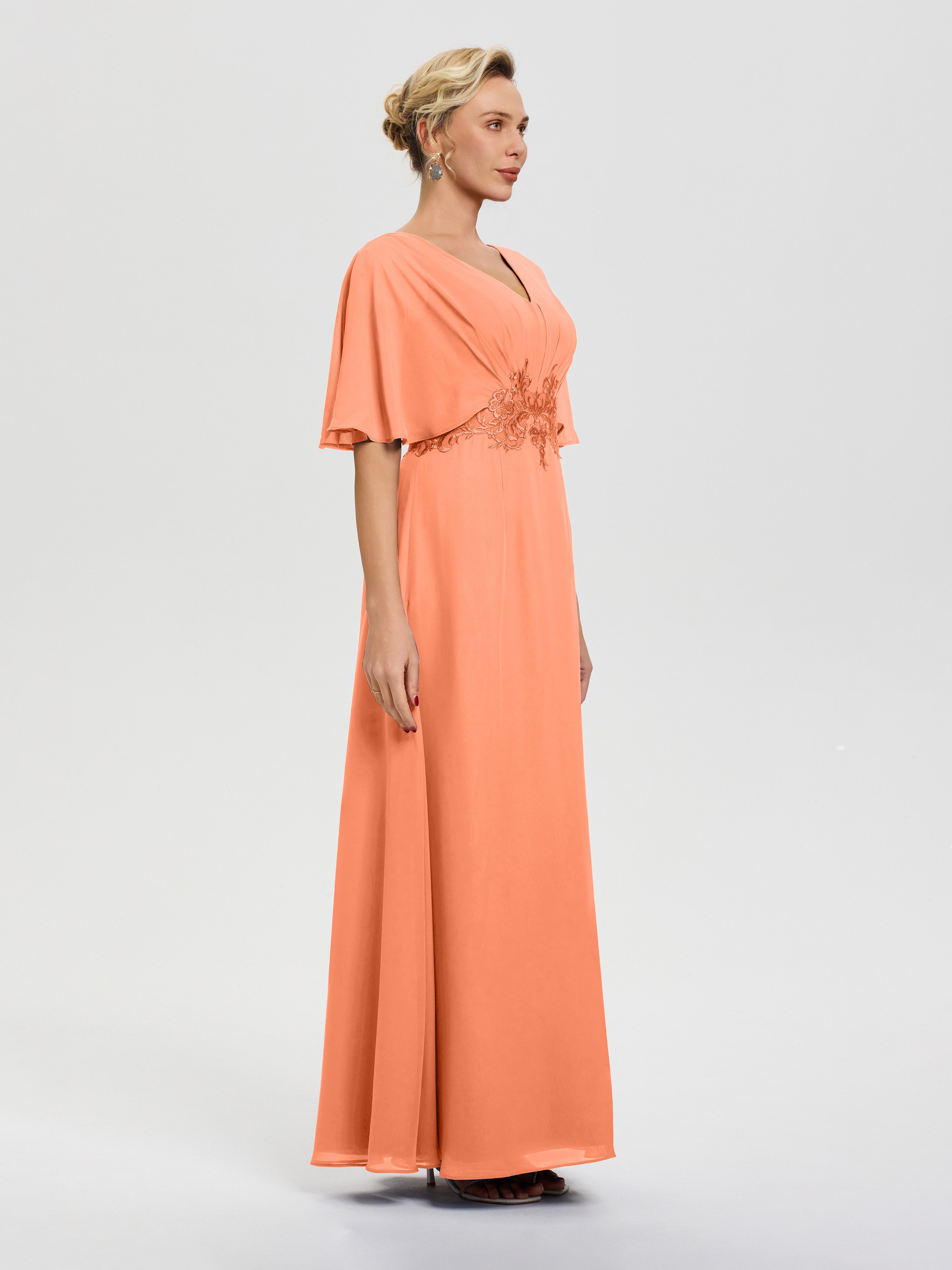 Robe Mère De La Mariee Papaye Mousseline & Dentelle Col V Robe Mère De La Mariée