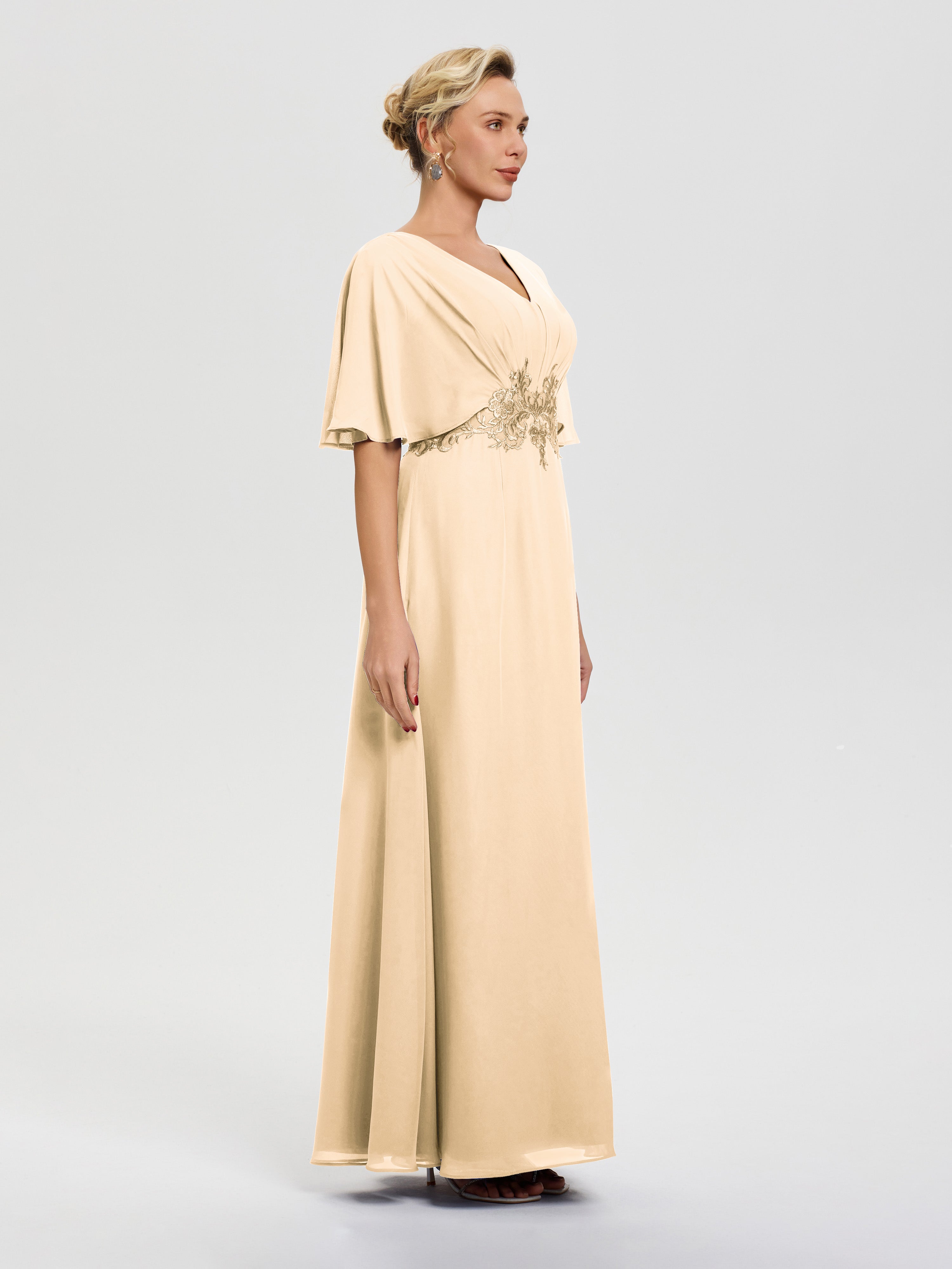 Robe Pour Mère De Mariée Pêche Mousseline & Dentelle Col V Robe Mère De La Mariée