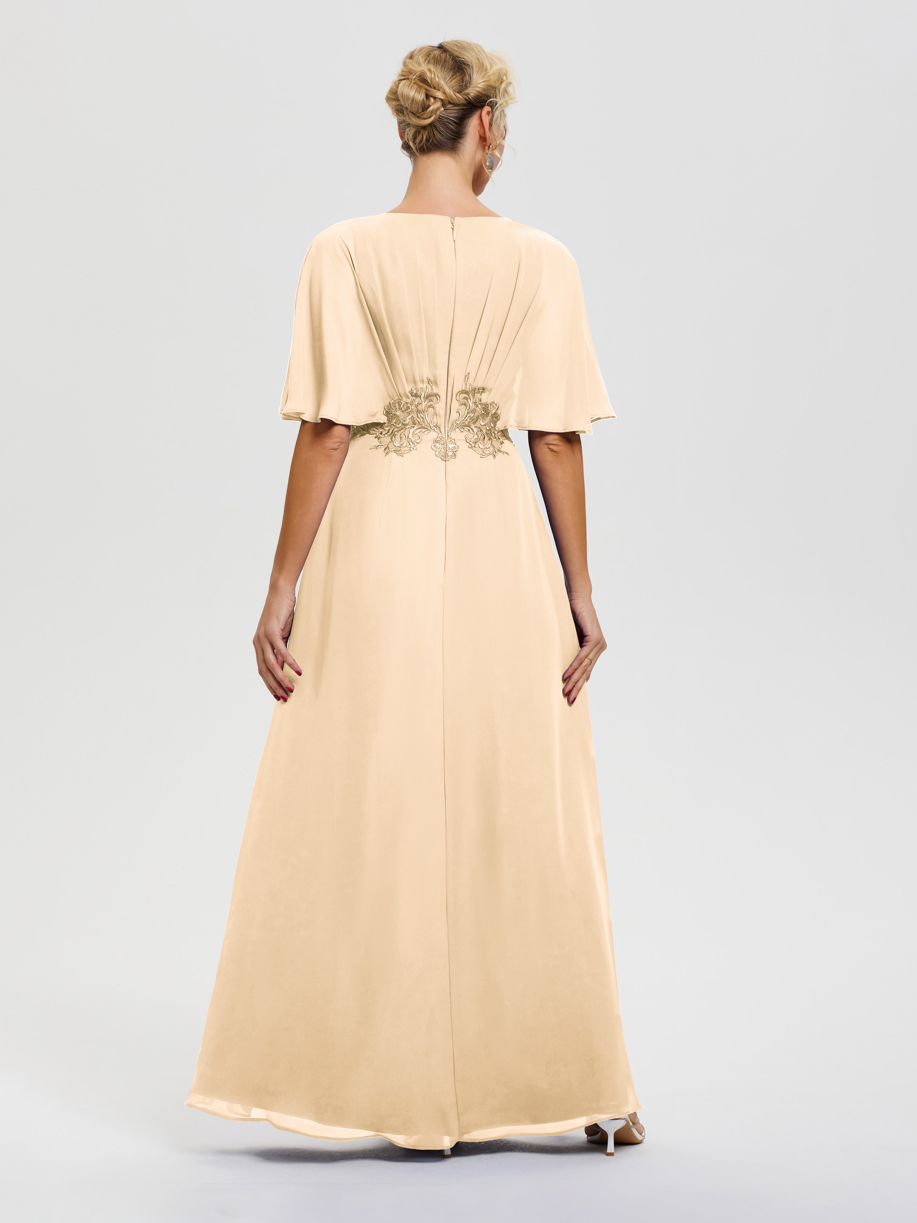 Robe Pour Mère De Mariée Pêche Mousseline & Dentelle Col V Robe Mère De La Mariée