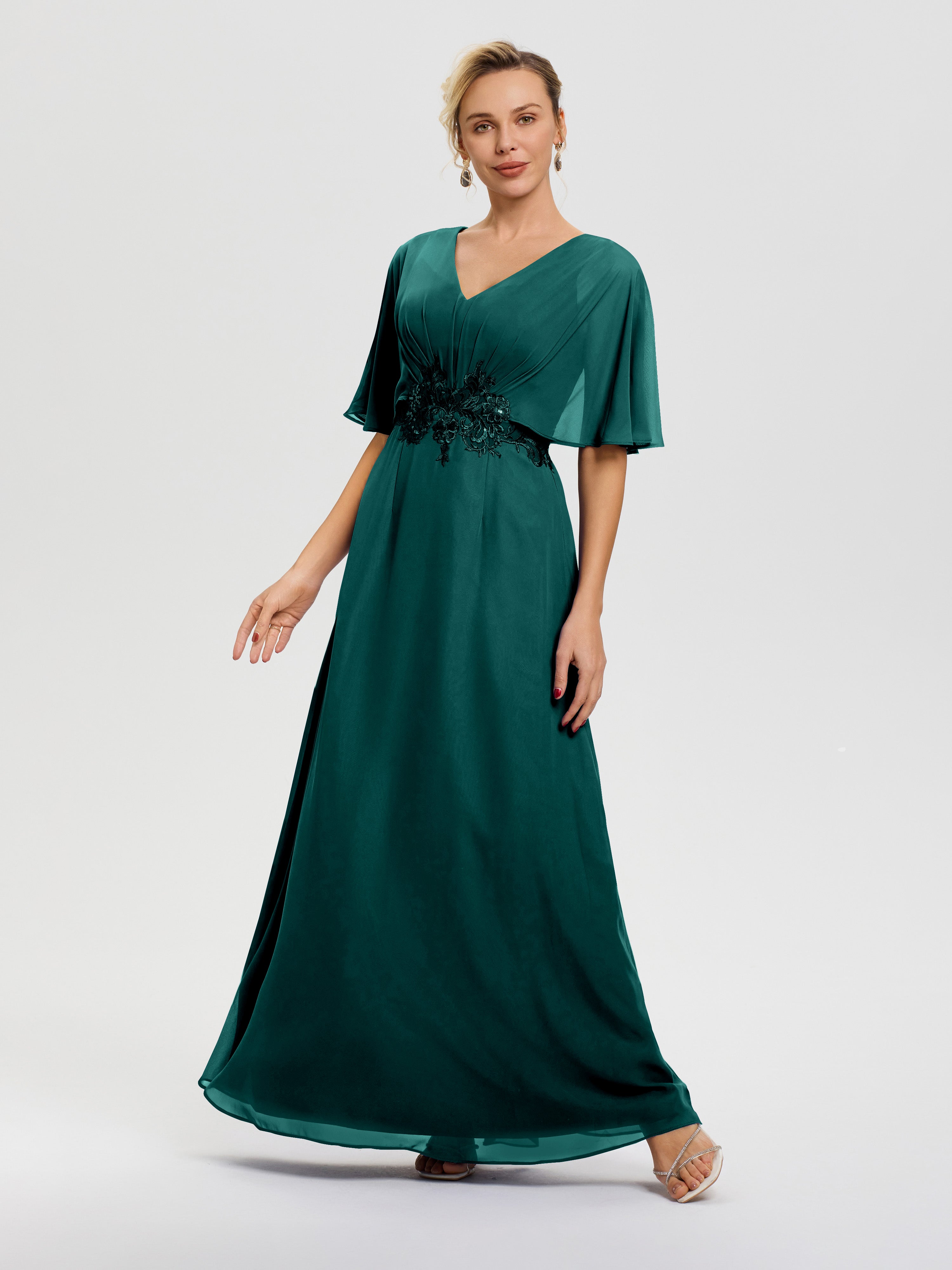 Robe Mère De La Mariee Paon Mousseline & Dentelle Col V Robe Mère De La Mariée