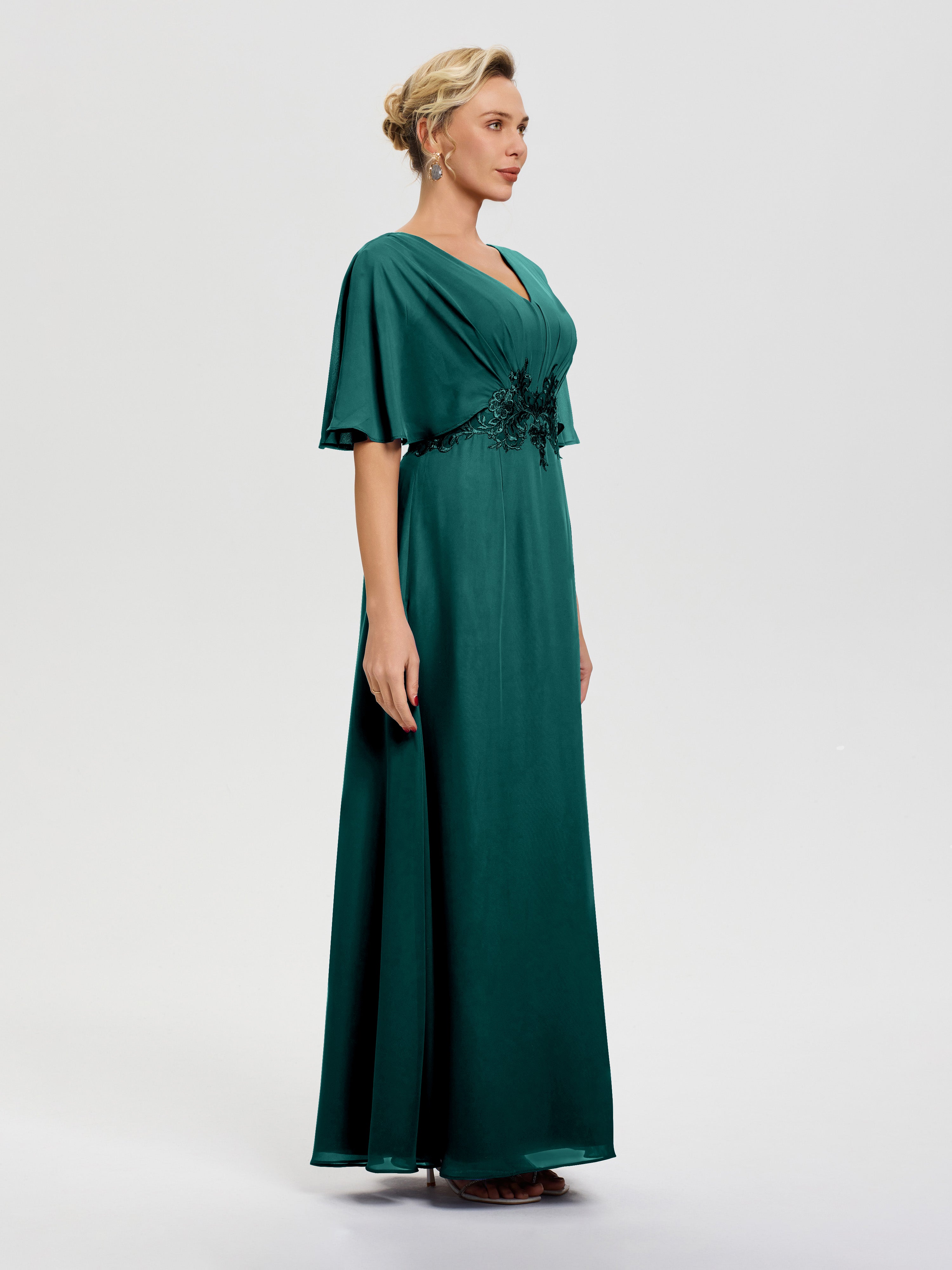 Robe Mère De La Mariee Paon Mousseline & Dentelle Col V Robe Mère De La Mariée