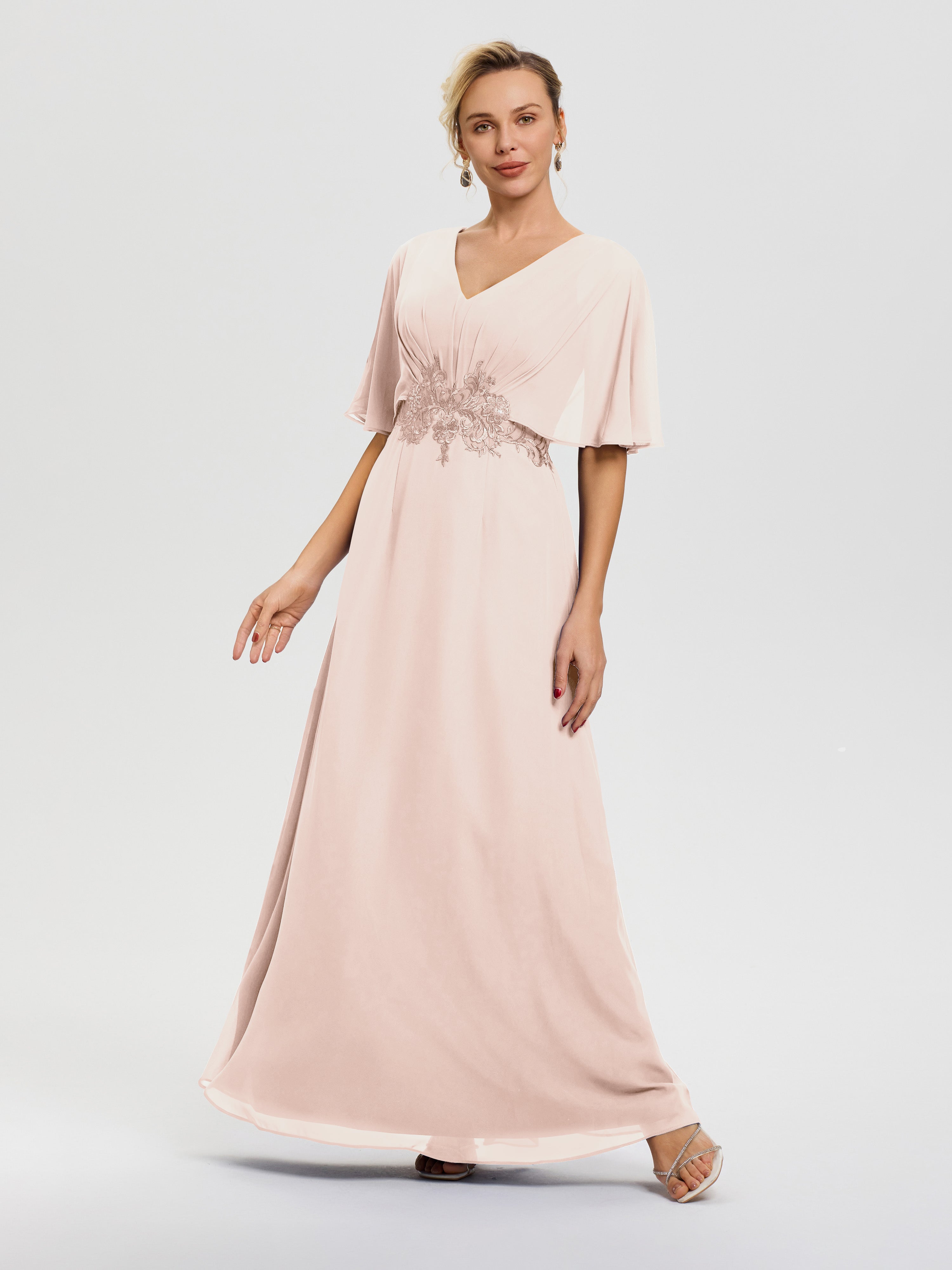 Robe Mère De La Mariee Rose Perle Mousseline & Dentelle Col V Robe Mère De La Mariée