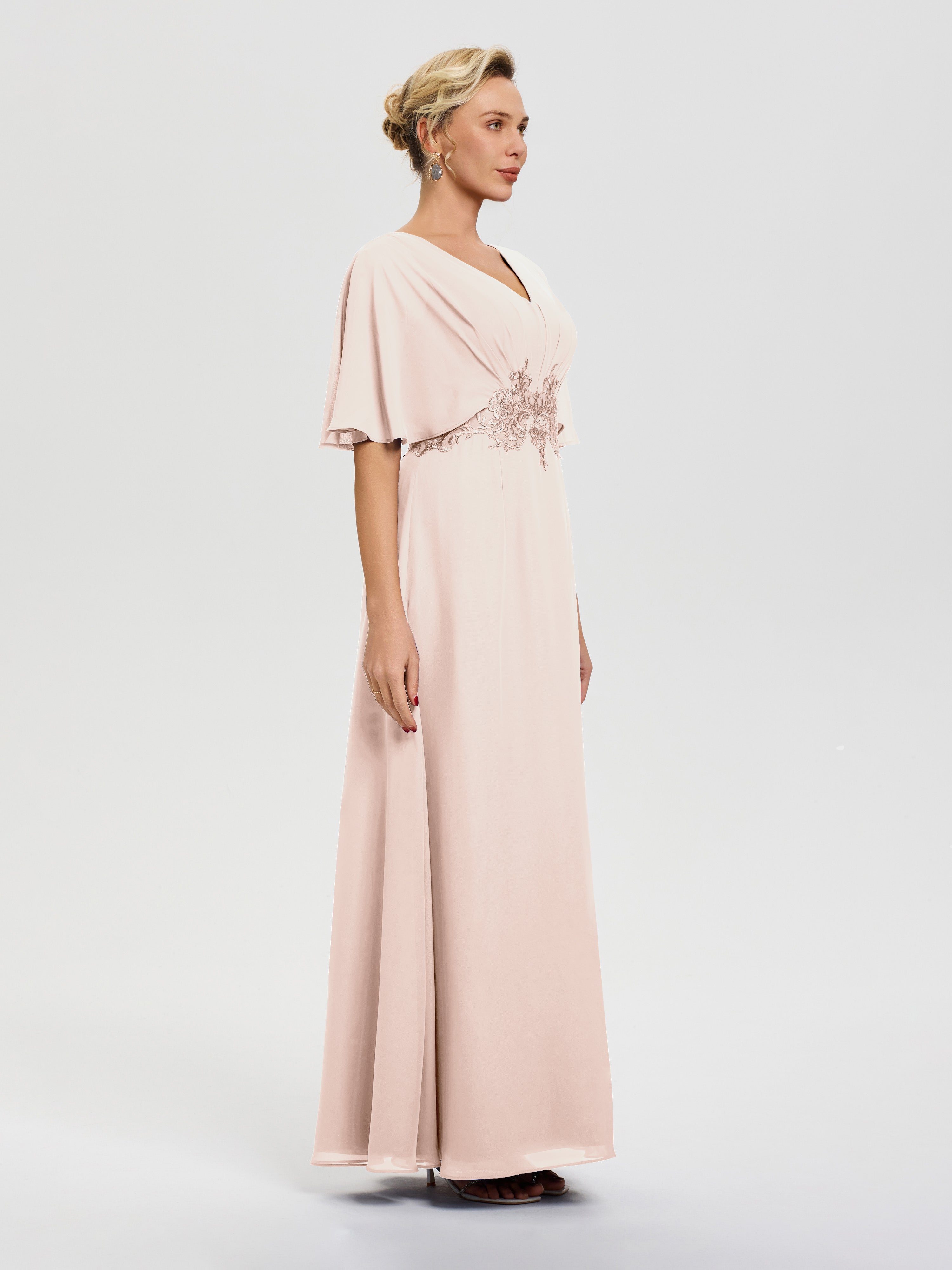 Robe Mère De La Mariee Rose Perle Mousseline & Dentelle Col V Robe Mère De La Mariée