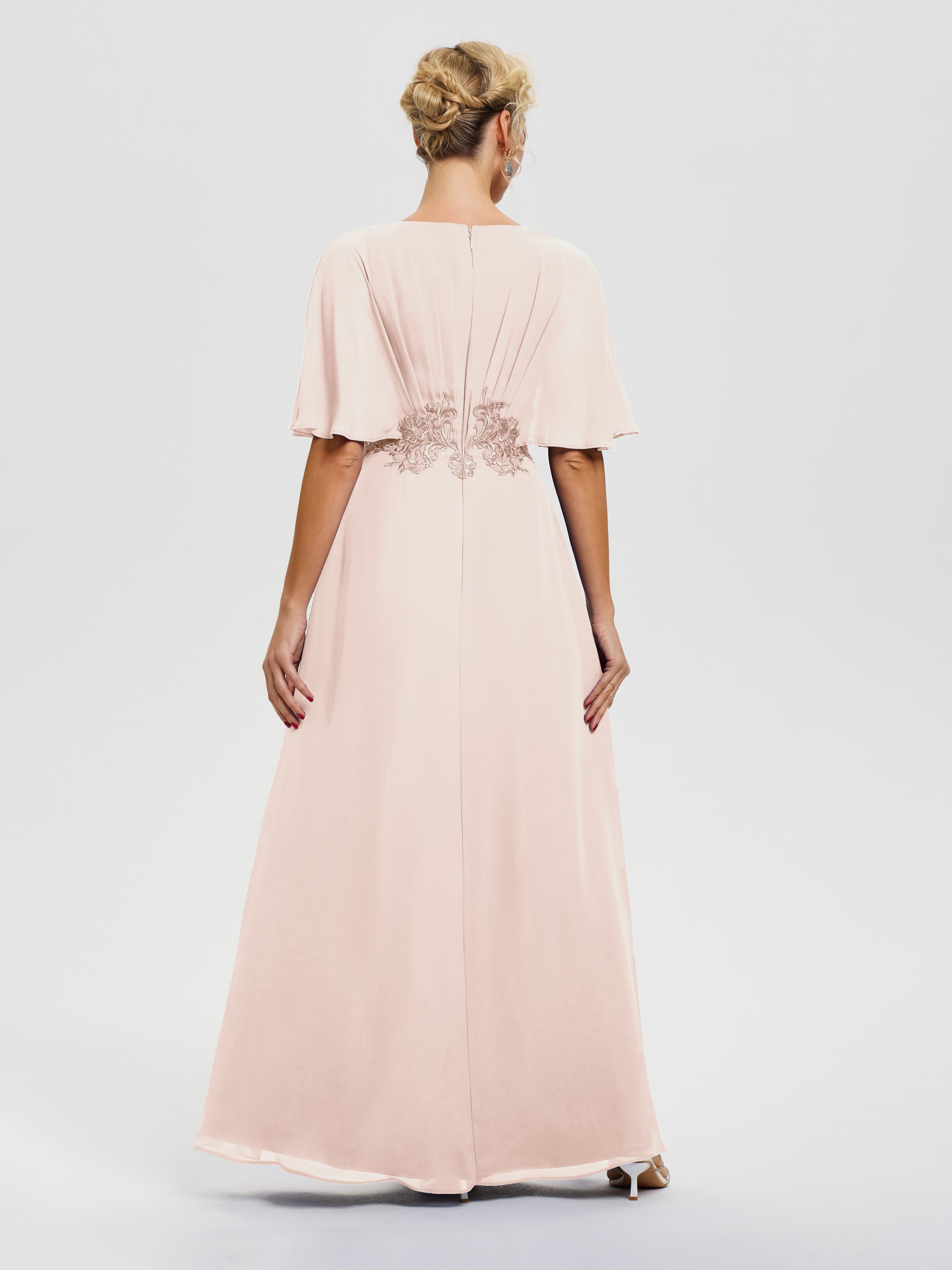 Robe Mère De La Mariee Rose Perle Mousseline & Dentelle Col V Robe Mère De La Mariée