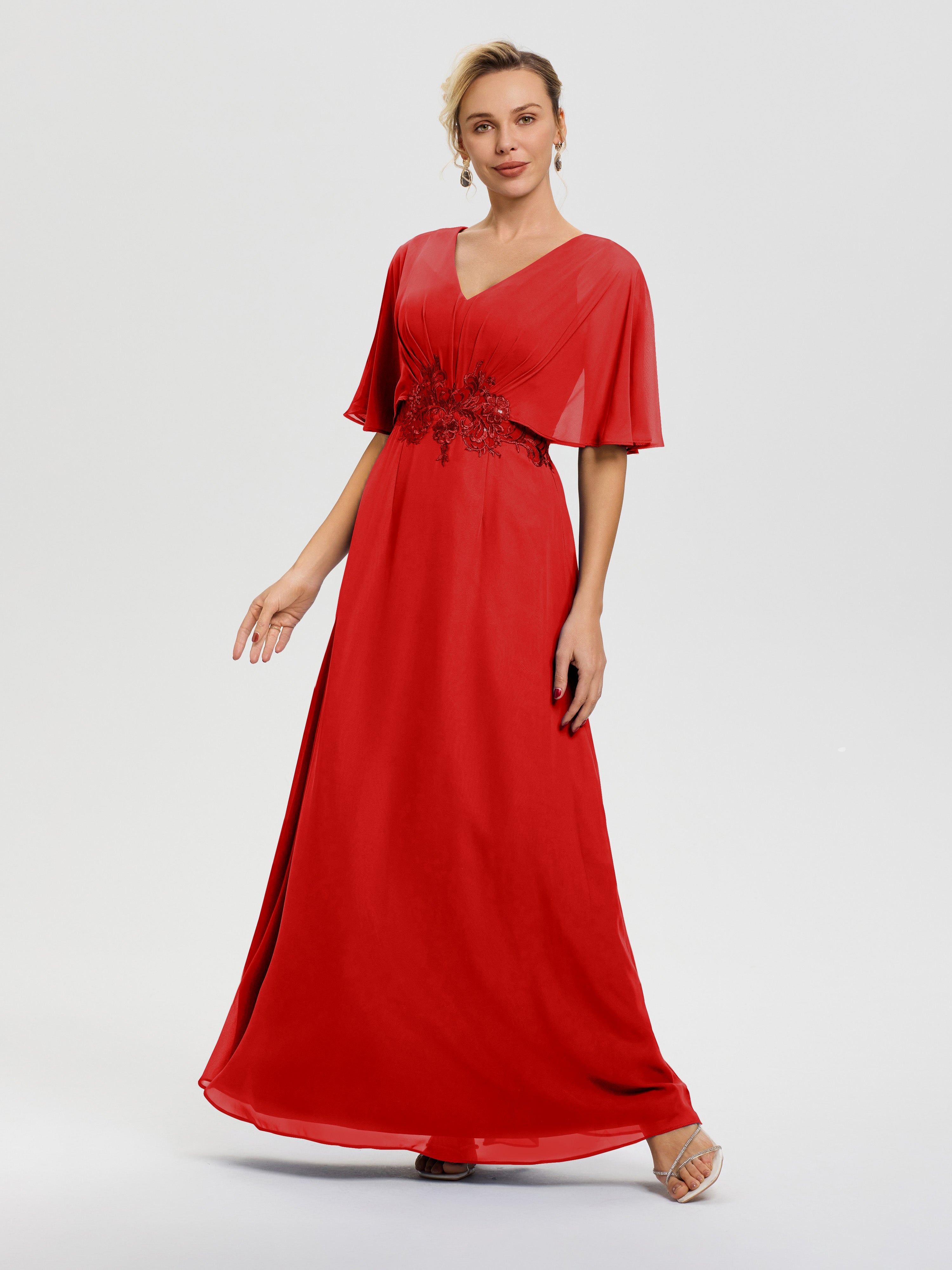 Robe Mère De La Mariee Rouge Mousseline & Dentelle Col V Robe Mère De La Mariée