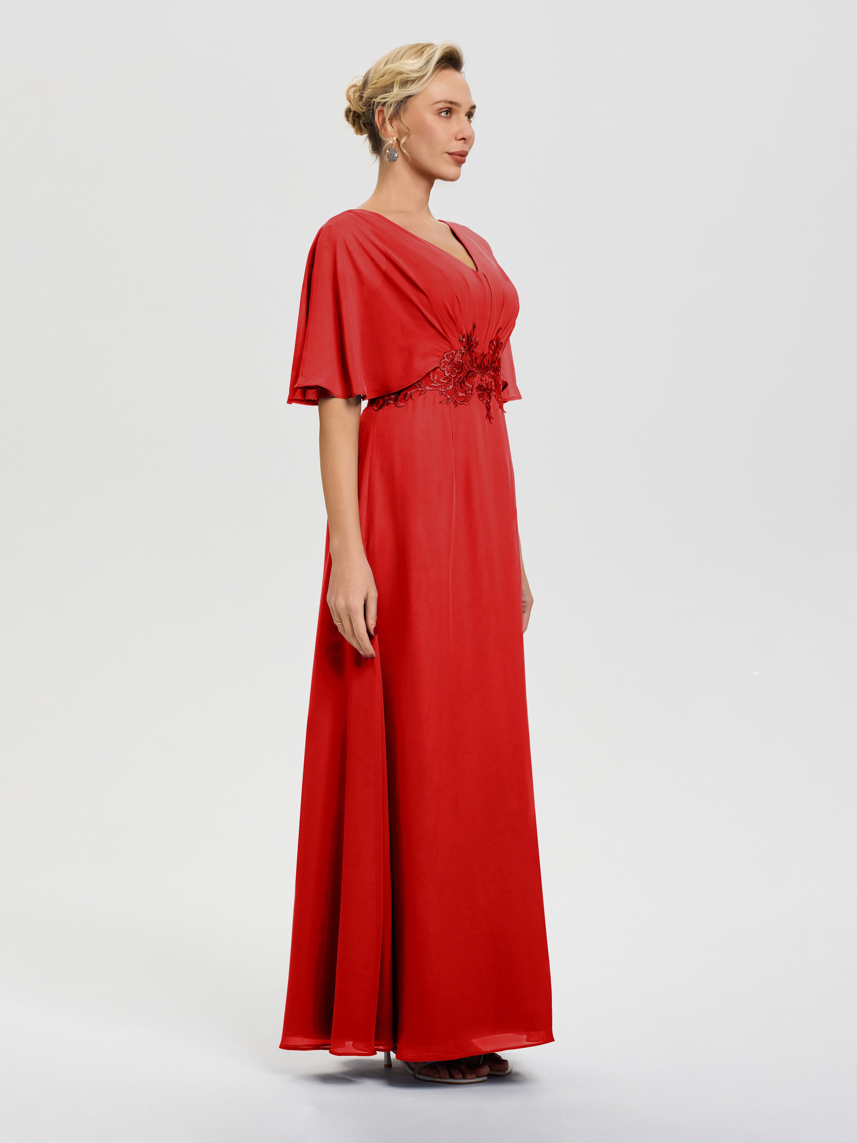 Robe Mère De La Mariee Rouge Mousseline & Dentelle Col V Robe Mère De La Mariée