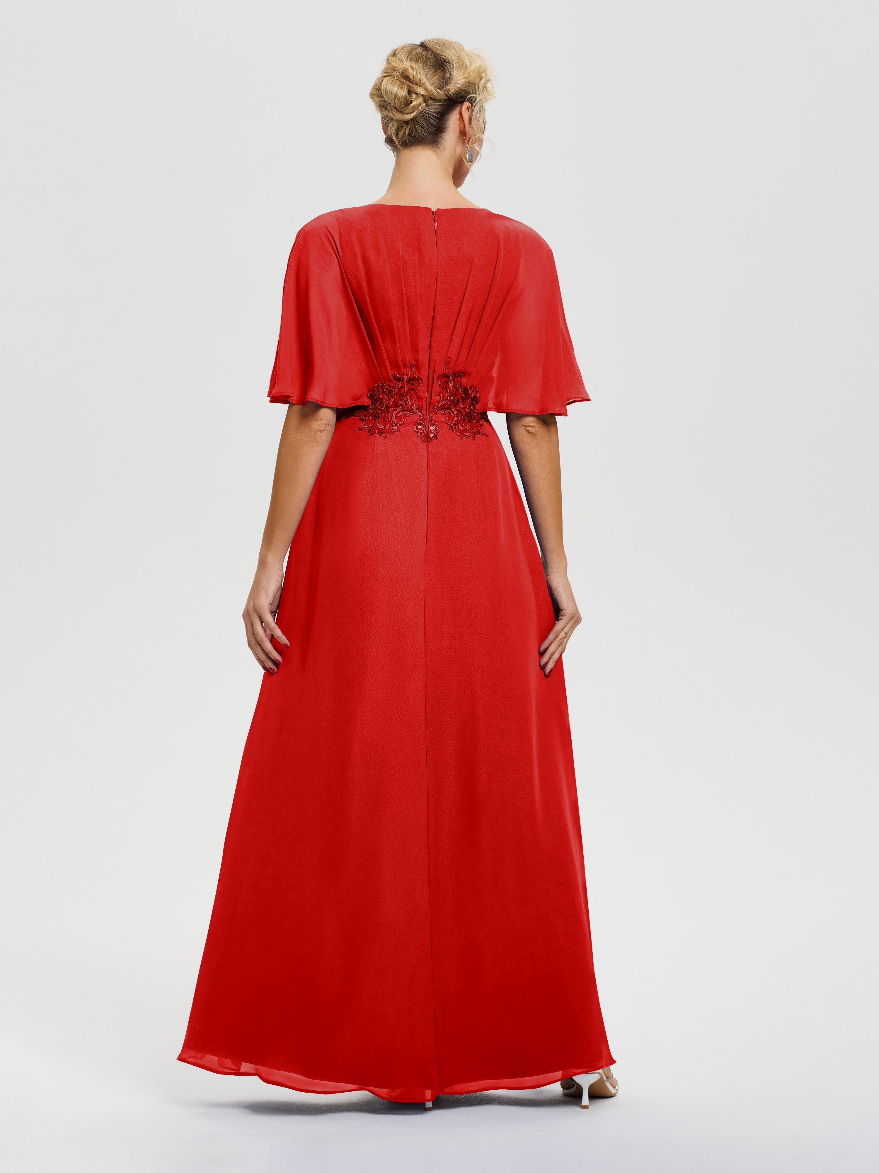 Robe Mère De La Mariee Rouge Mousseline & Dentelle Col V Robe Mère De La Mariée