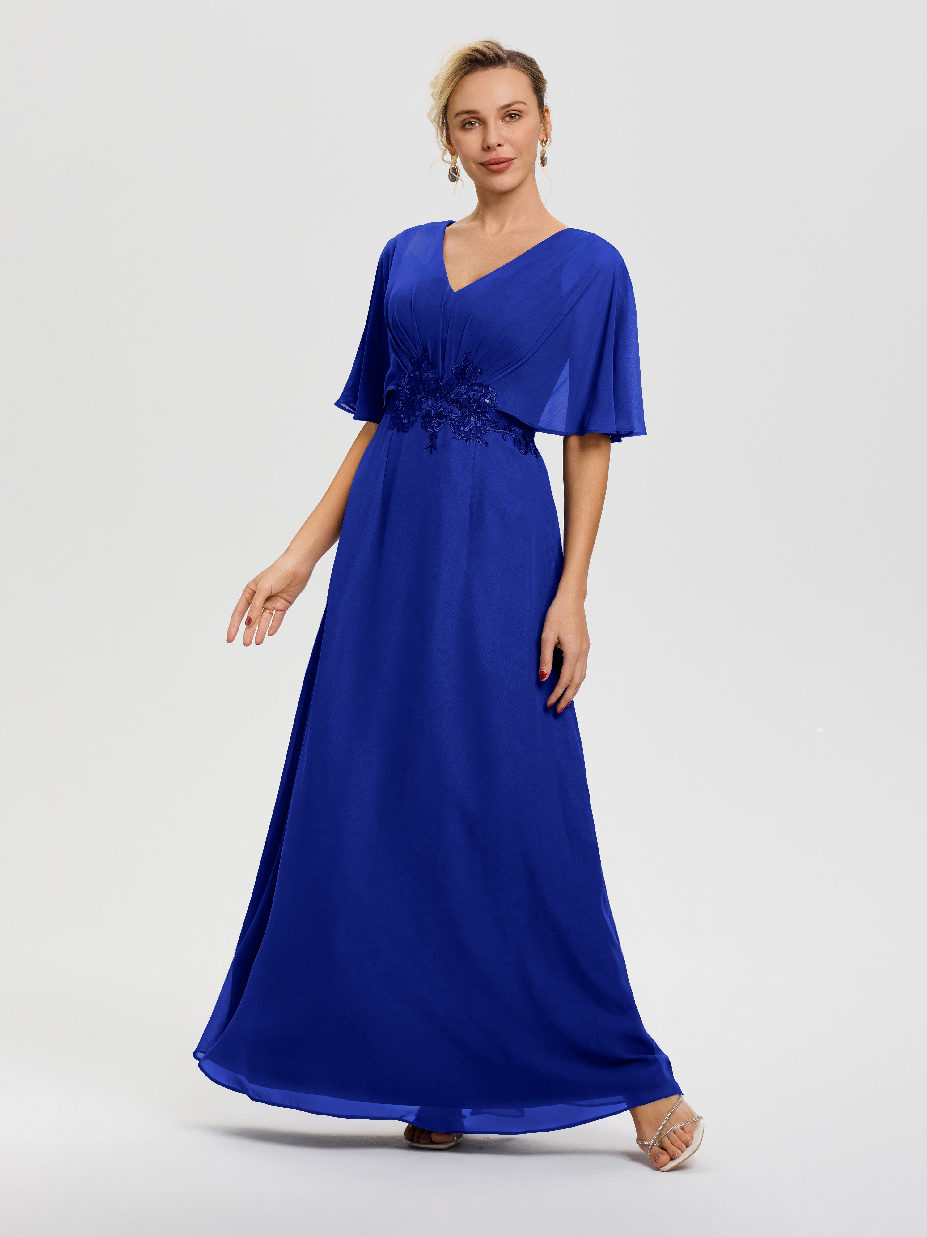 Robe Mère De La Mariée Bleu Royale Mousseline & Dentelle Col V Robe Mère De La Mariée
