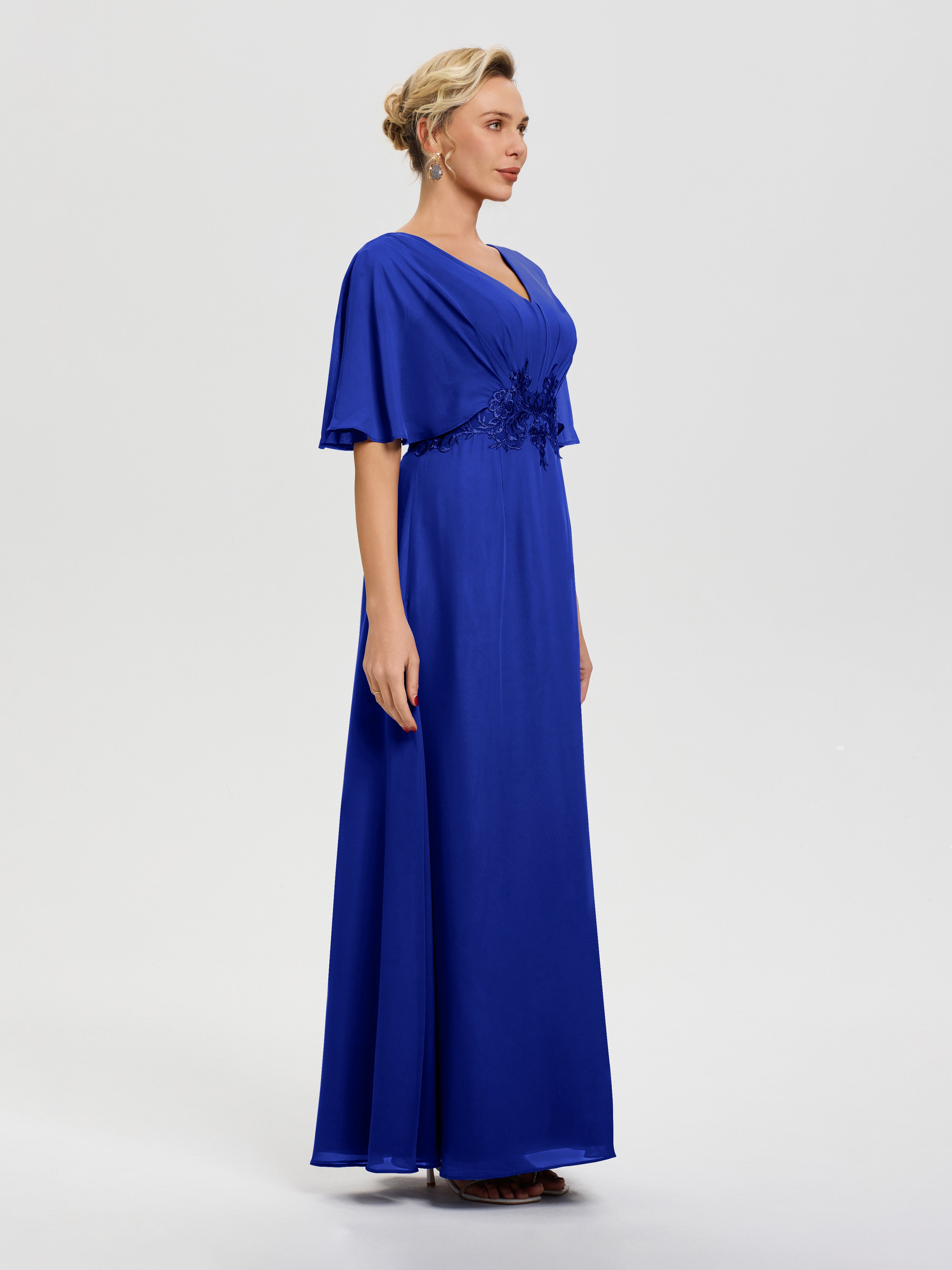 Robe Mère De La Mariée Bleu Royale Mousseline & Dentelle Col V Robe Mère De La Mariée
