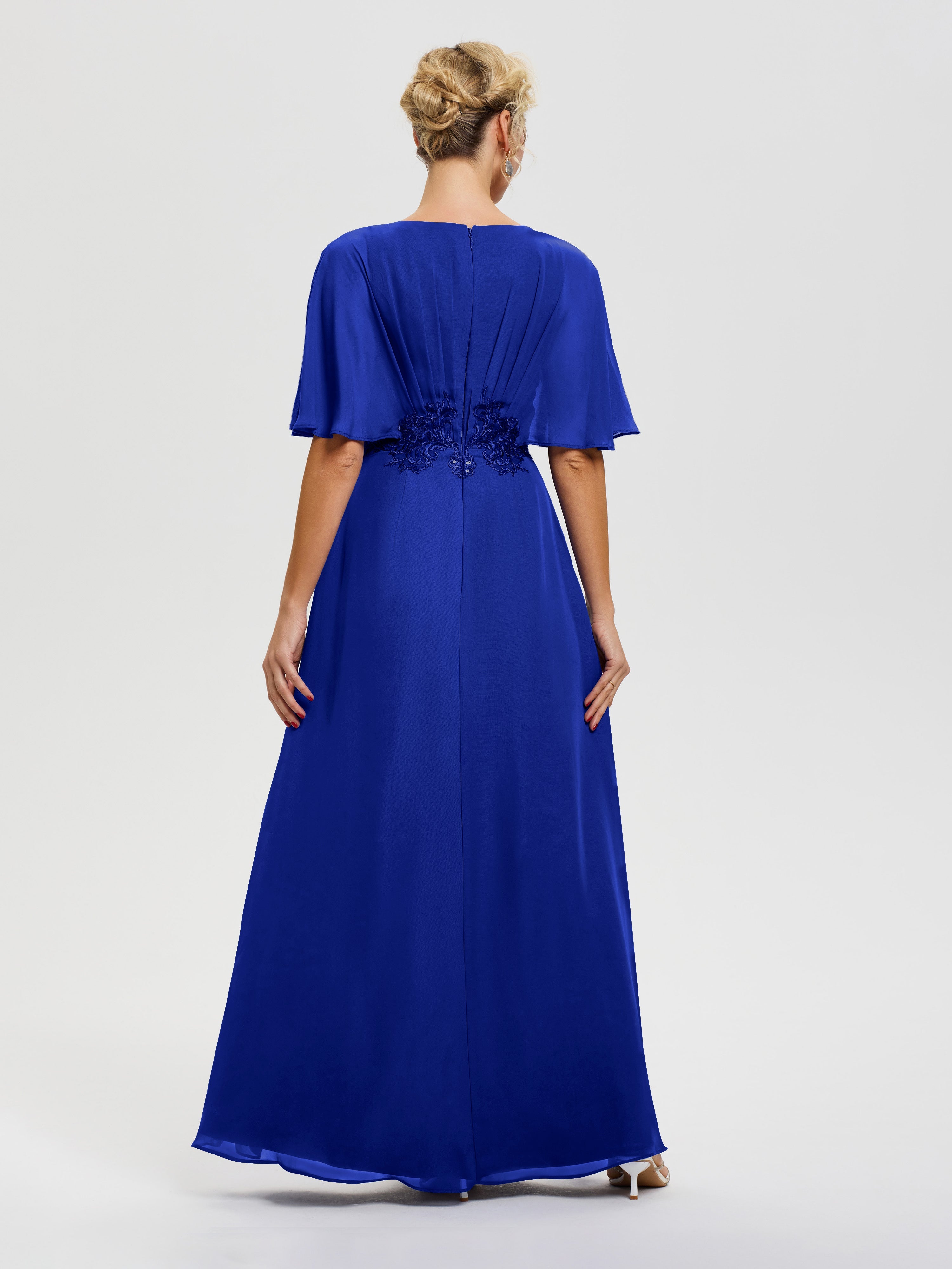 Robe Mère De La Mariée Bleu Royale Mousseline & Dentelle Col V Robe Mère De La Mariée
