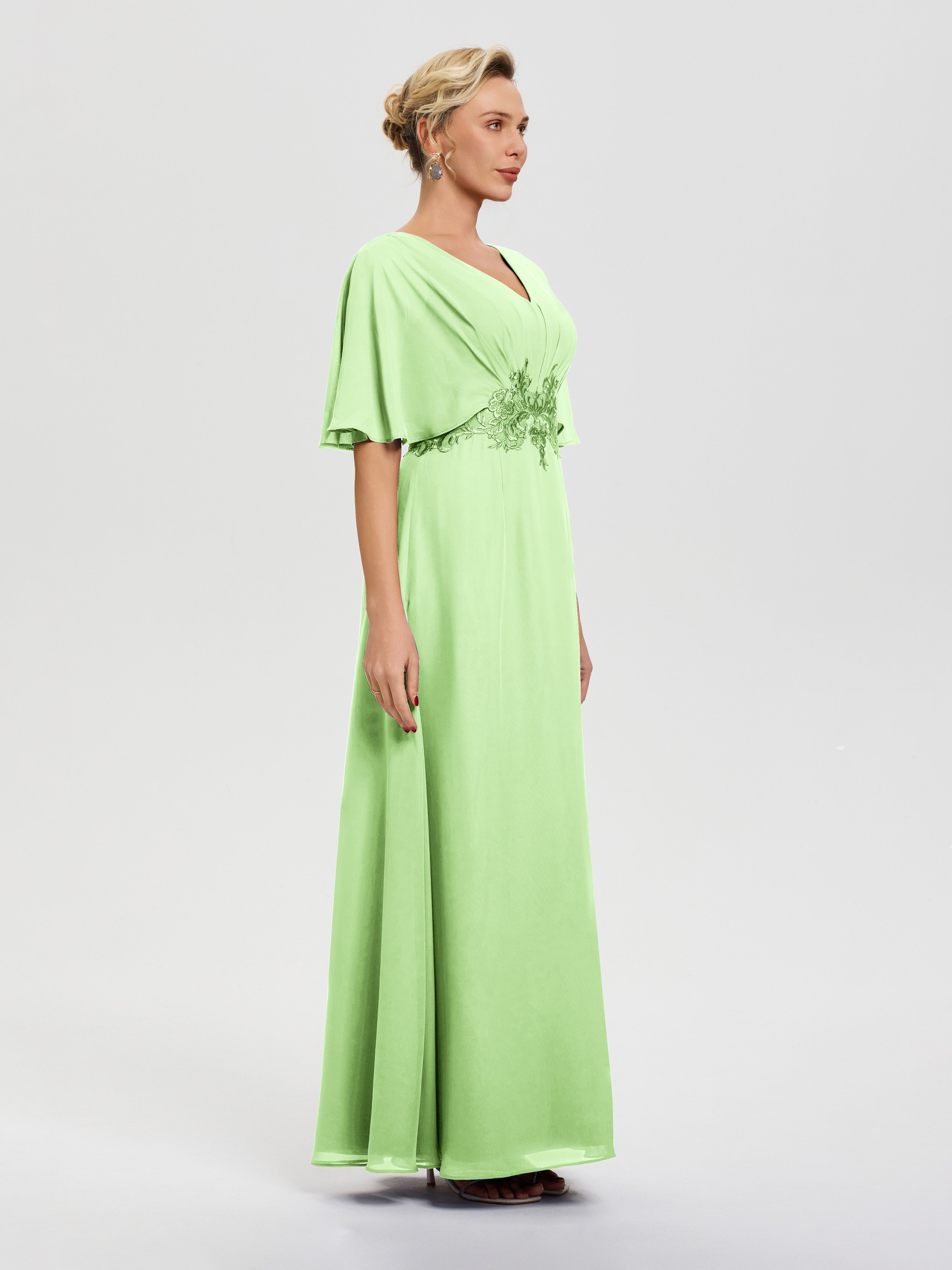 Robe Mère De La Mariée Vert Sauge Mousseline & Dentelle Col V Robe Mère De La Mariée