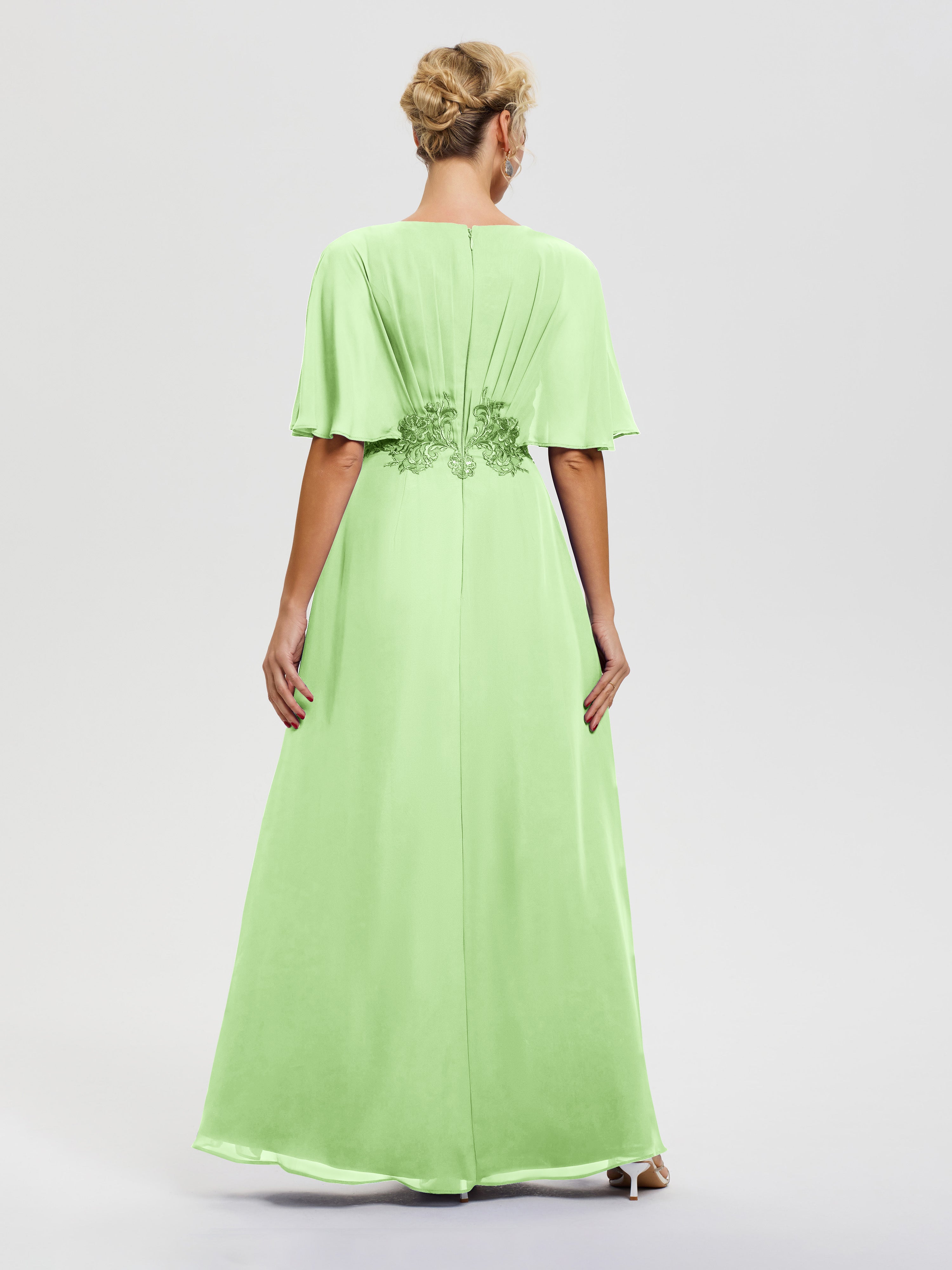 Robe Mère De La Mariée Vert Sauge Mousseline & Dentelle Col V Robe Mère De La Mariée