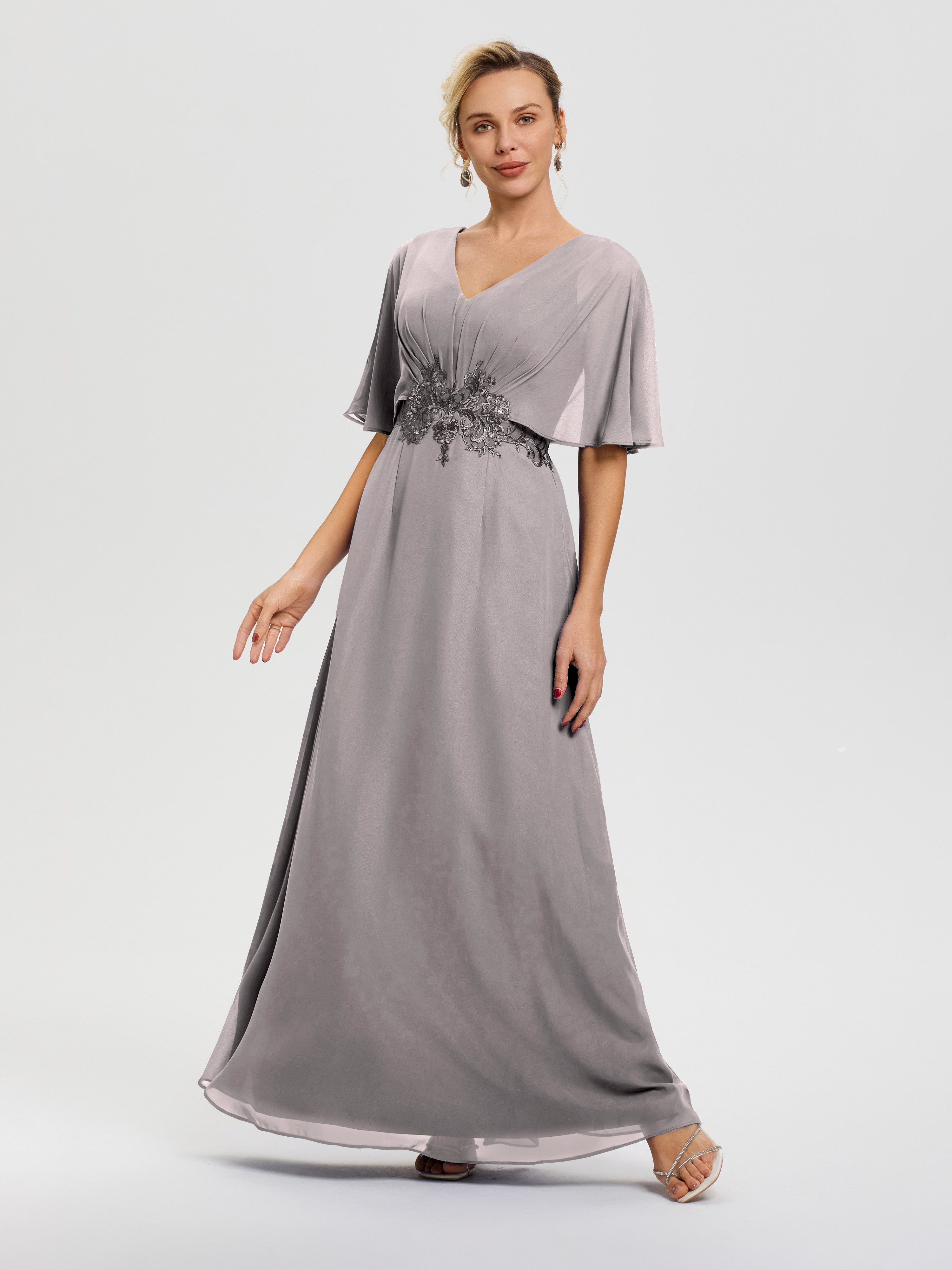 Robe Mère De La Mariée Argent Mousseline & Dentelle Col V Robe Mère De La Mariée