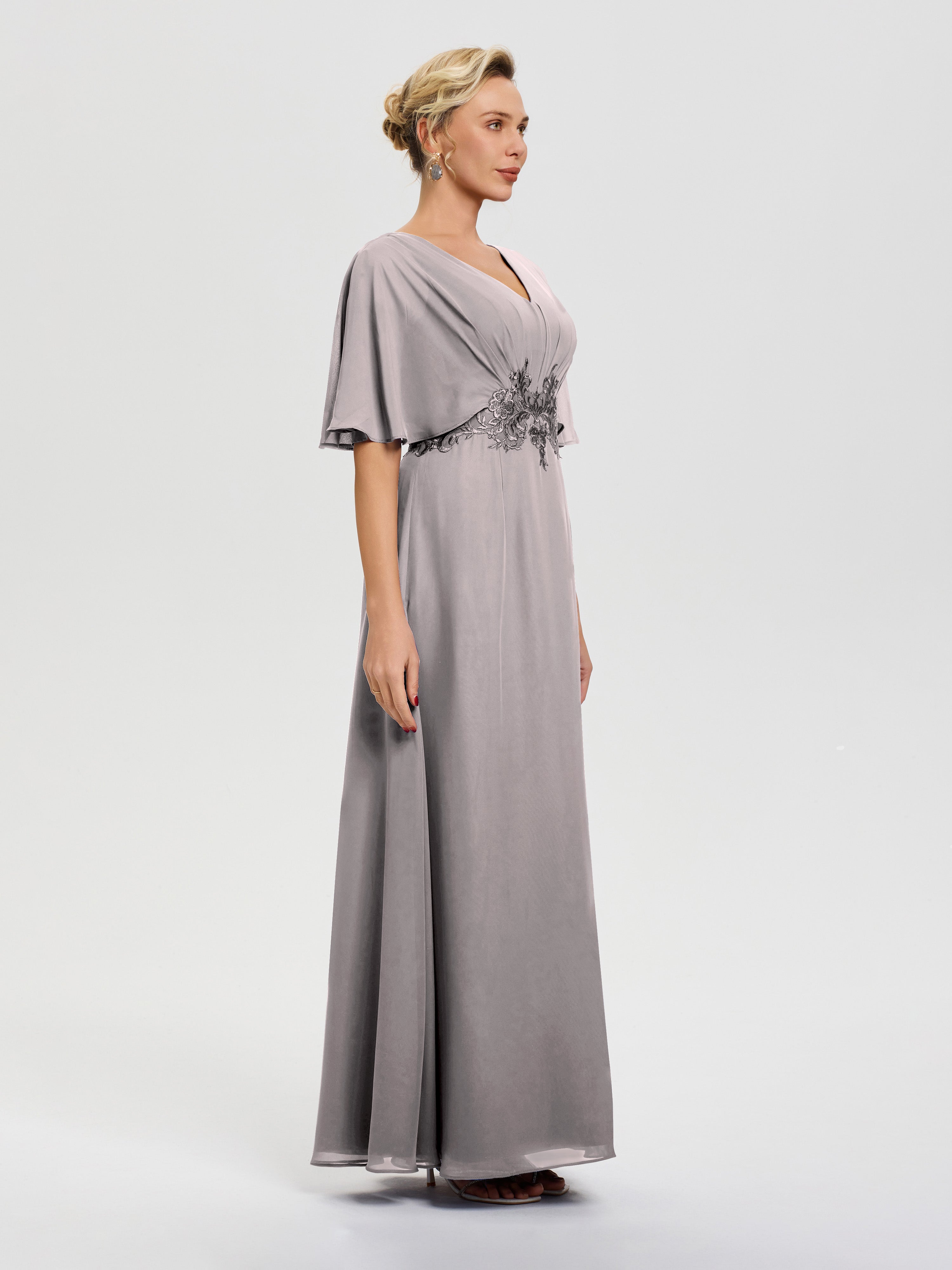 Robe Mère De La Mariée Argent Mousseline & Dentelle Col V Robe Mère De La Mariée