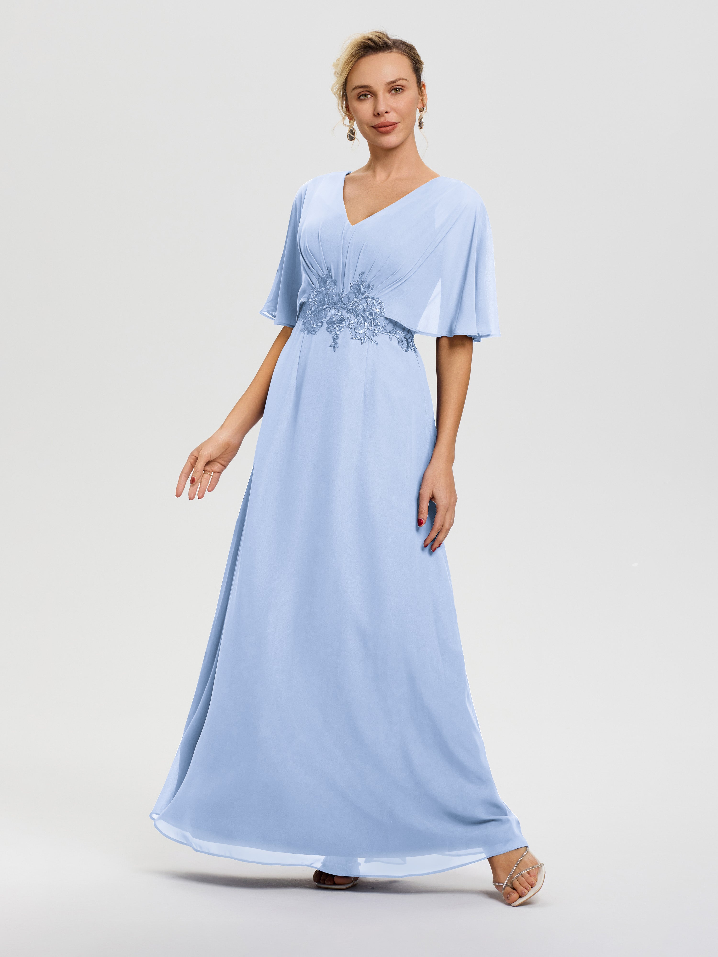 Robe Mère De La Mariée Bleu Ciel Mousseline & Dentelle Col V Robe Mère De La Mariée