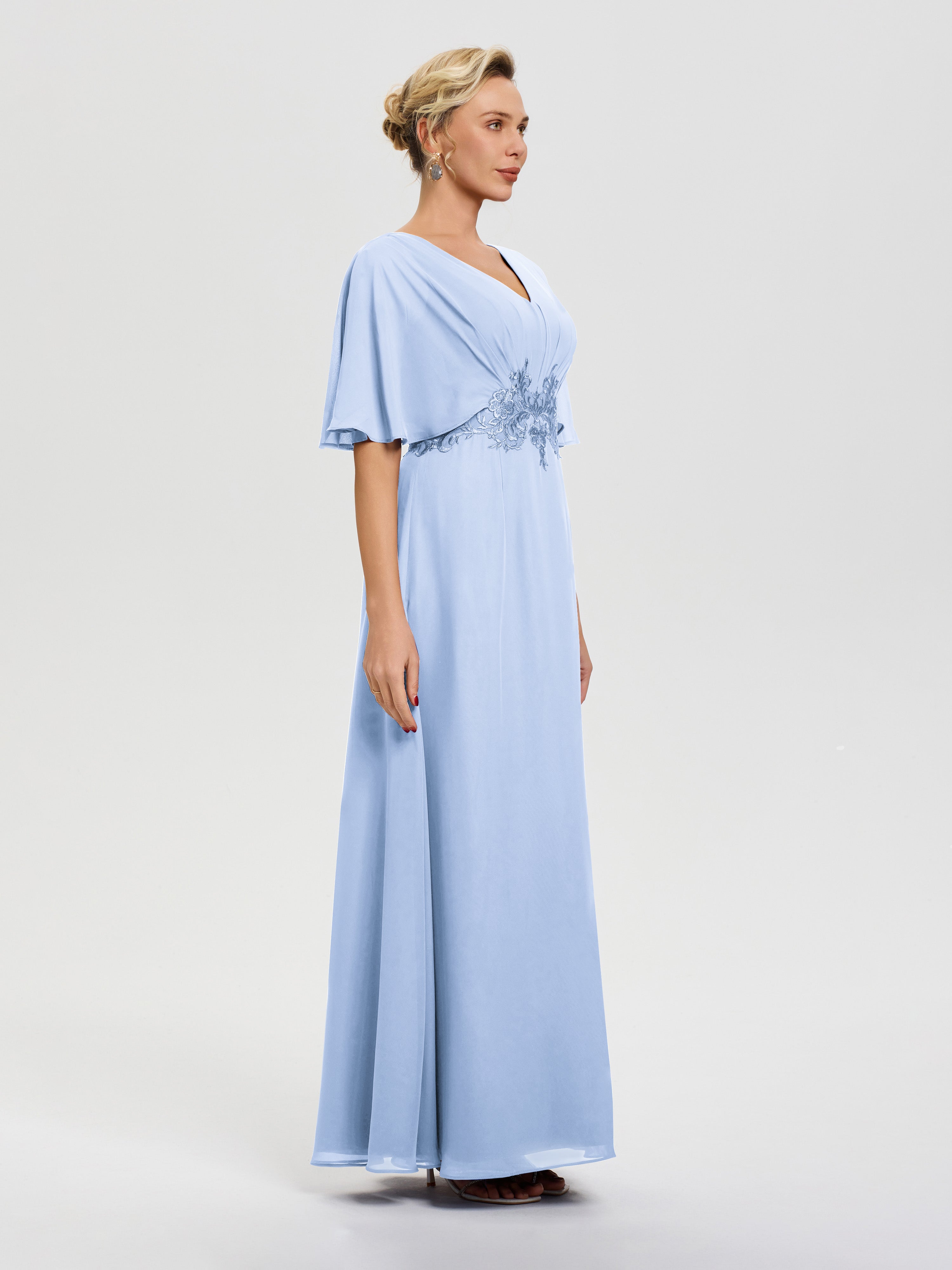 Robe Mère De La Mariée Bleu Ciel Mousseline & Dentelle Col V Robe Mère De La Mariée