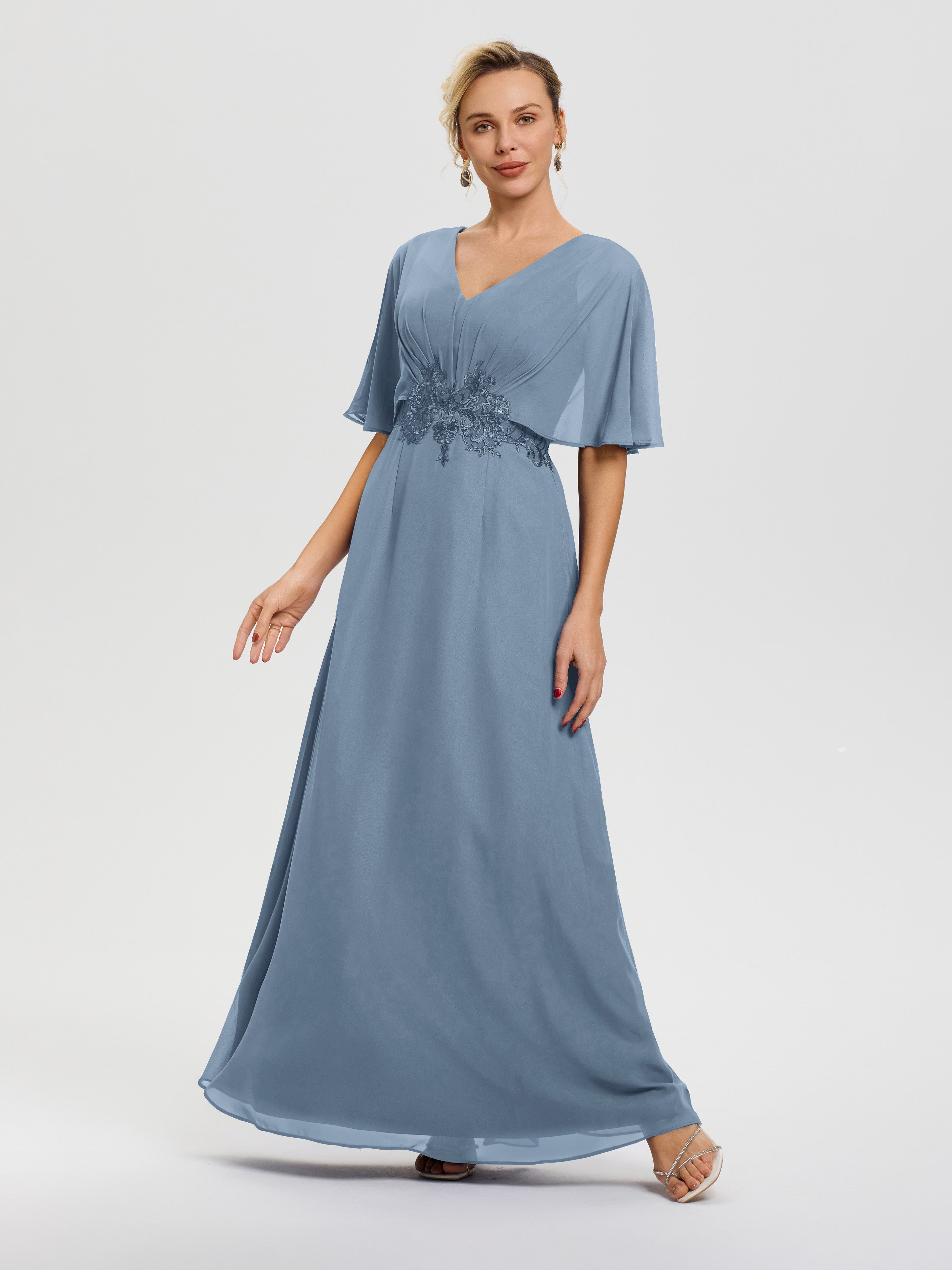 Robe Mère De La Mariée Moderne Bleu De Schiste Mousseline & Dentelle Col V Robe Mère De La Mariée