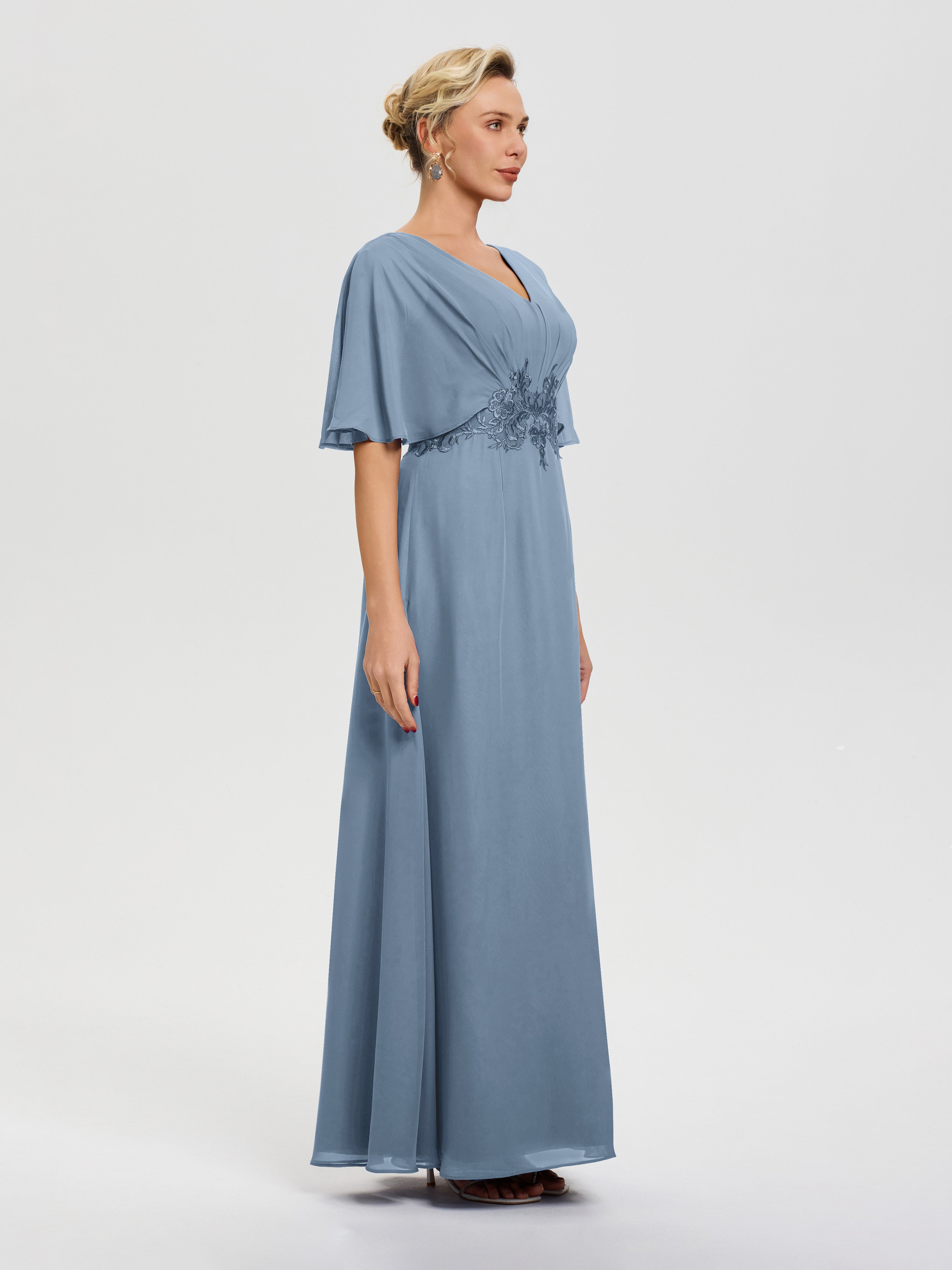Robe Mère De La Mariée Moderne Bleu De Schiste Mousseline & Dentelle Col V Robe Mère De La Mariée