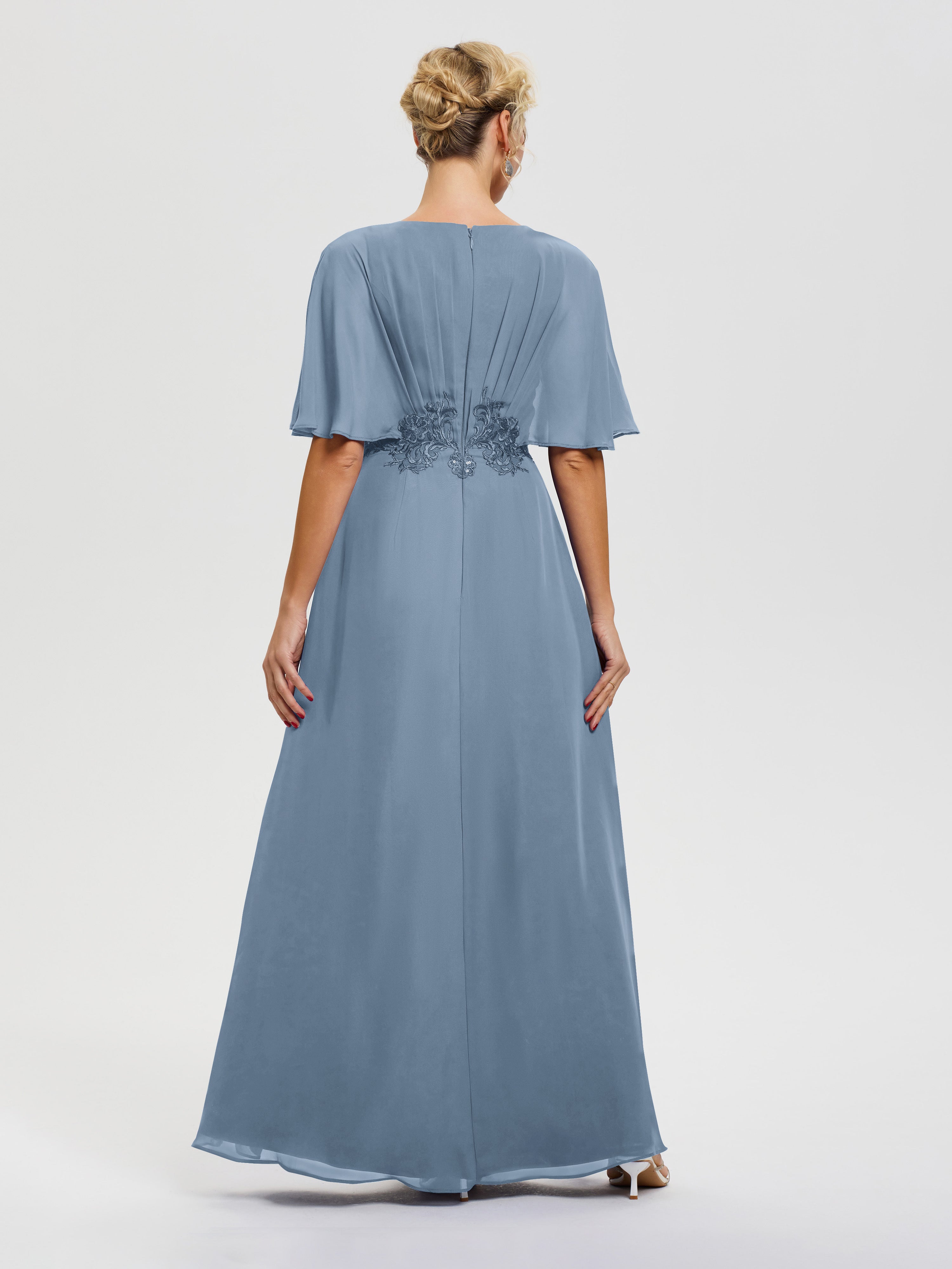 Robe Mère De La Mariée Moderne Bleu De Schiste Mousseline & Dentelle Col V Robe Mère De La Mariée