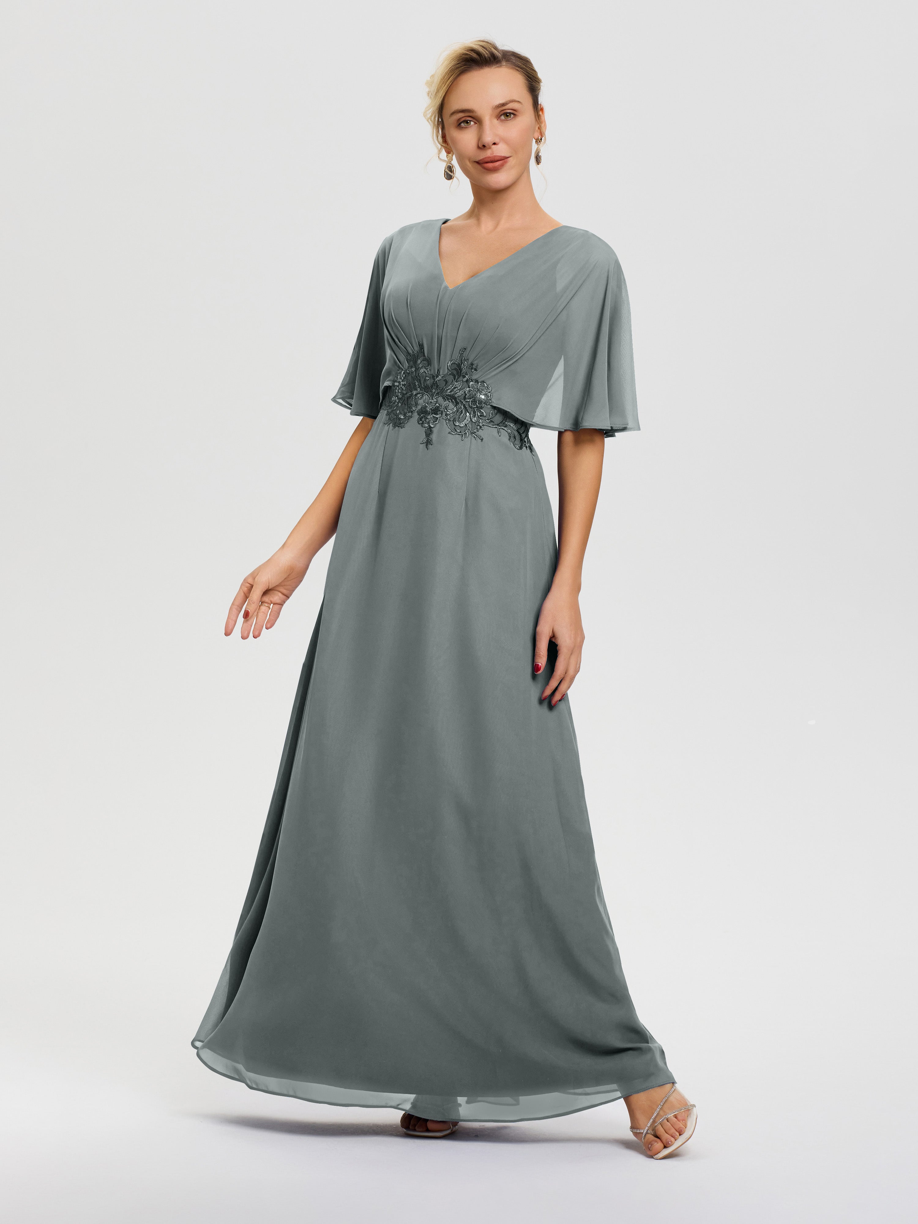 Robe Mariage Mère De La Mariée Gris Acier Mousseline & Dentelle Col V Robe Mère De La Mariée