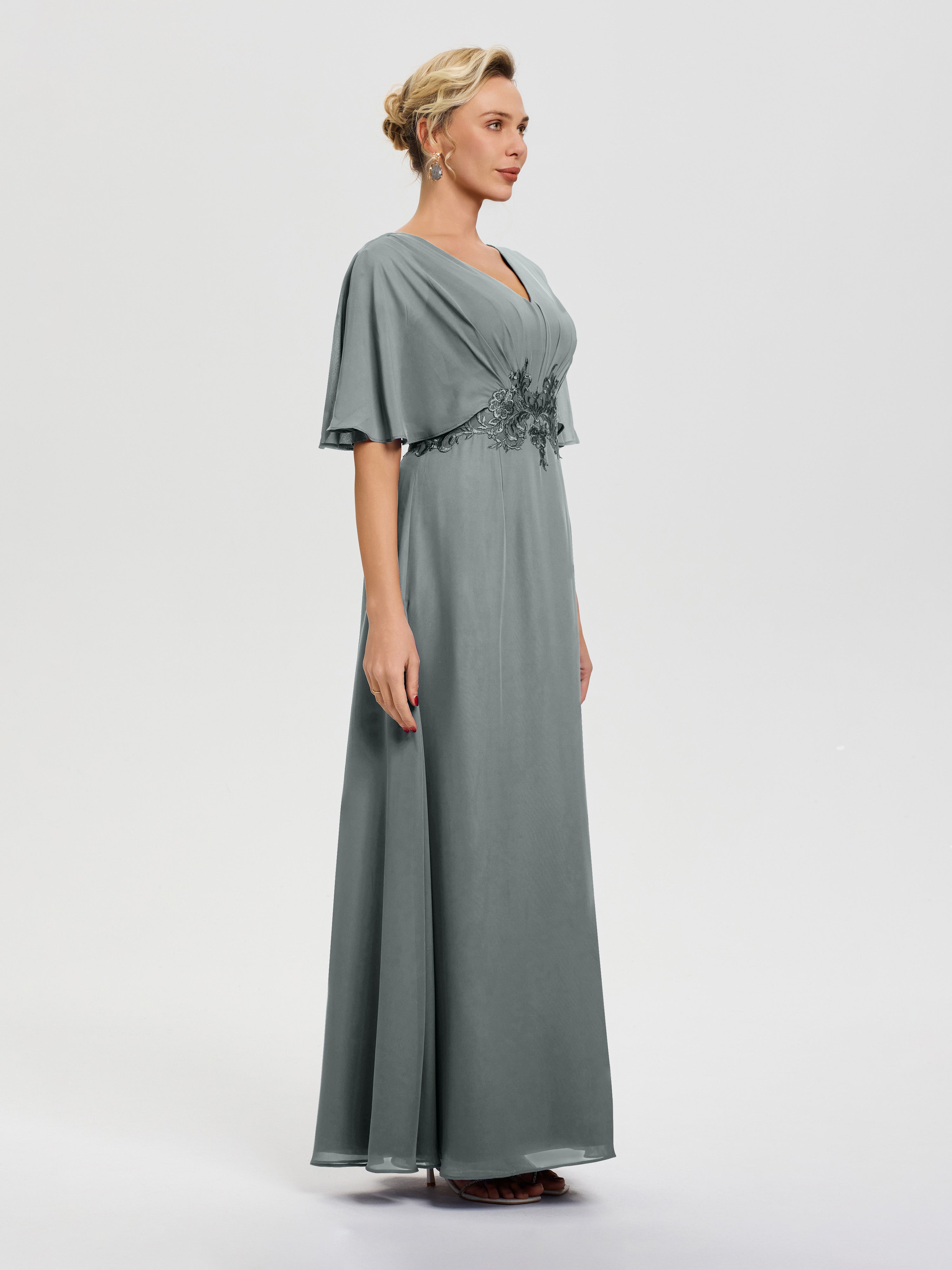 Robe Mariage Mère De La Mariée Gris Acier Mousseline & Dentelle Col V Robe Mère De La Mariée