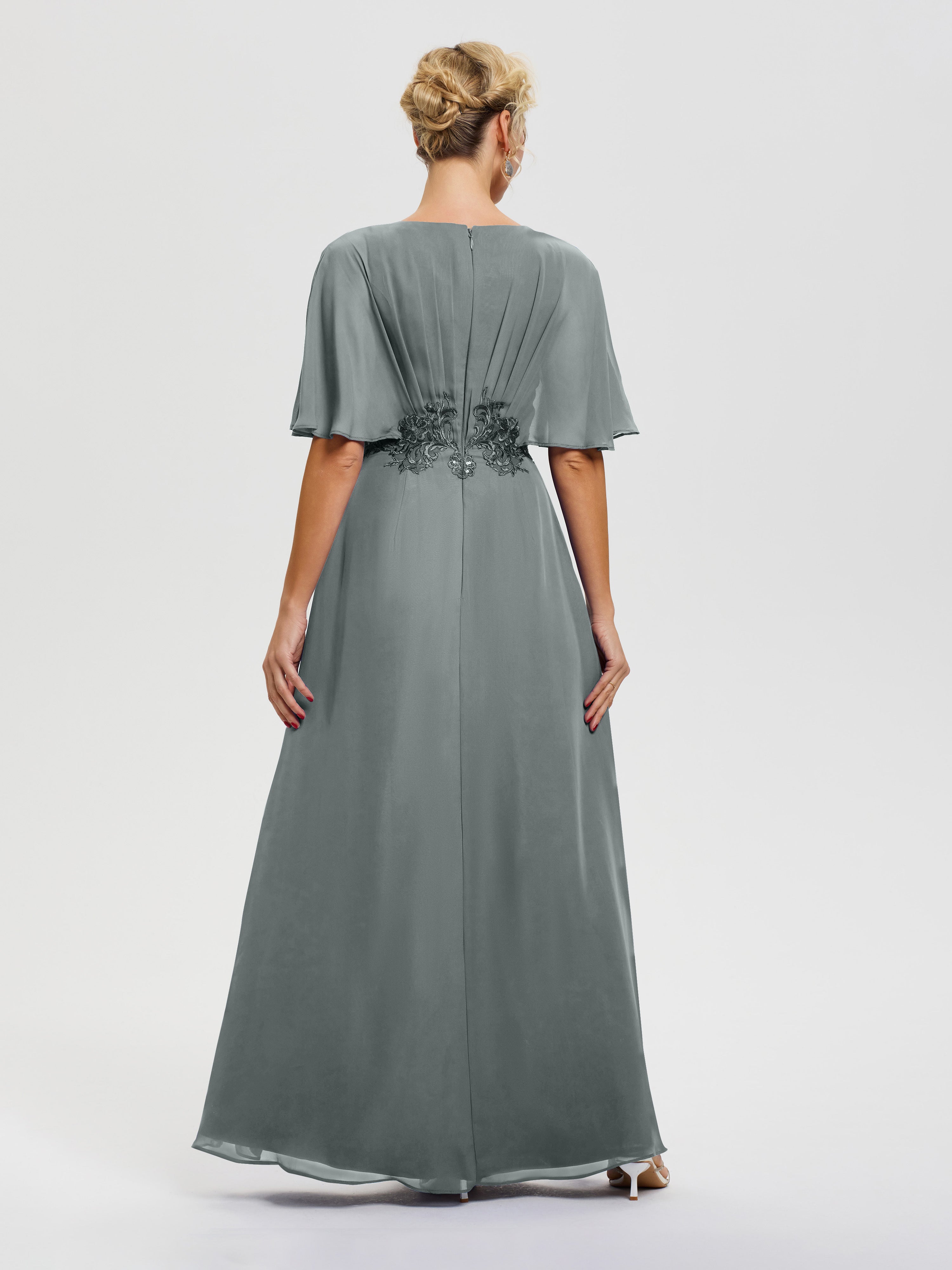 Robe Mariage Mère De La Mariée Gris Acier Mousseline & Dentelle Col V Robe Mère De La Mariée