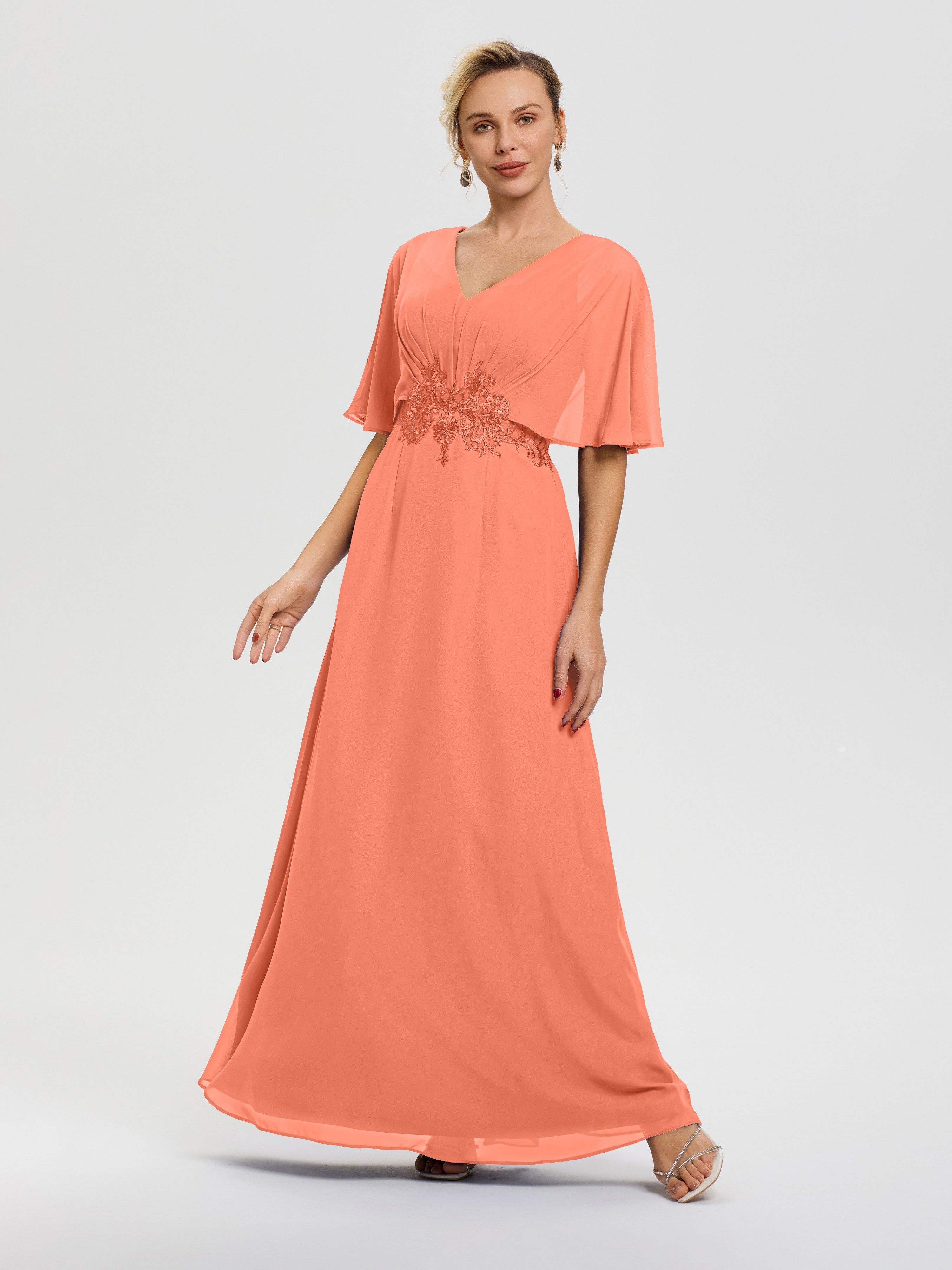 Robe Mariage Mère De La Mariée Coucher De Soleil Mousseline & Dentelle Col V Robe Mère De La Mariée