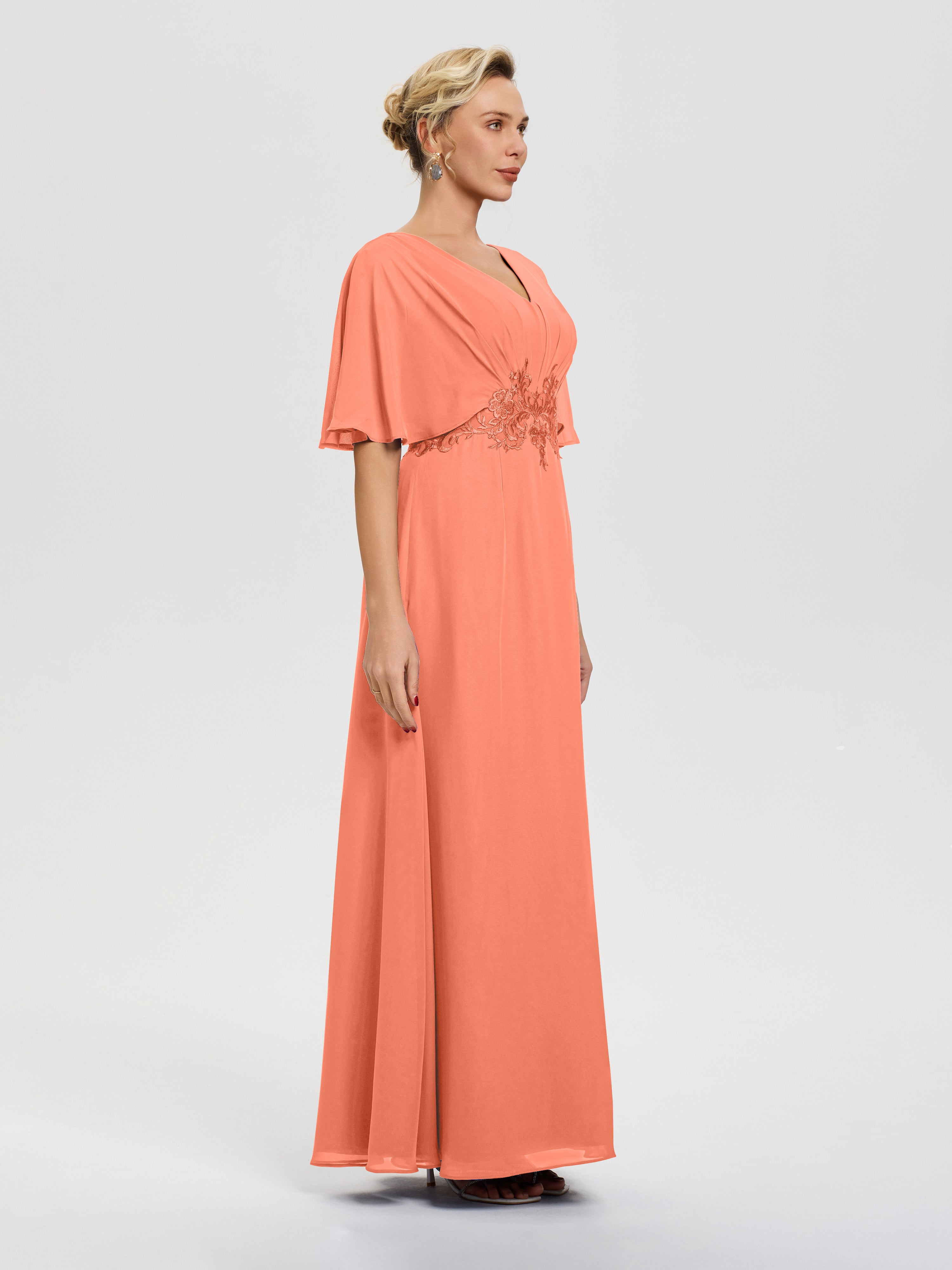 Robe Mariage Mère De La Mariée Coucher De Soleil Mousseline & Dentelle Col V Robe Mère De La Mariée