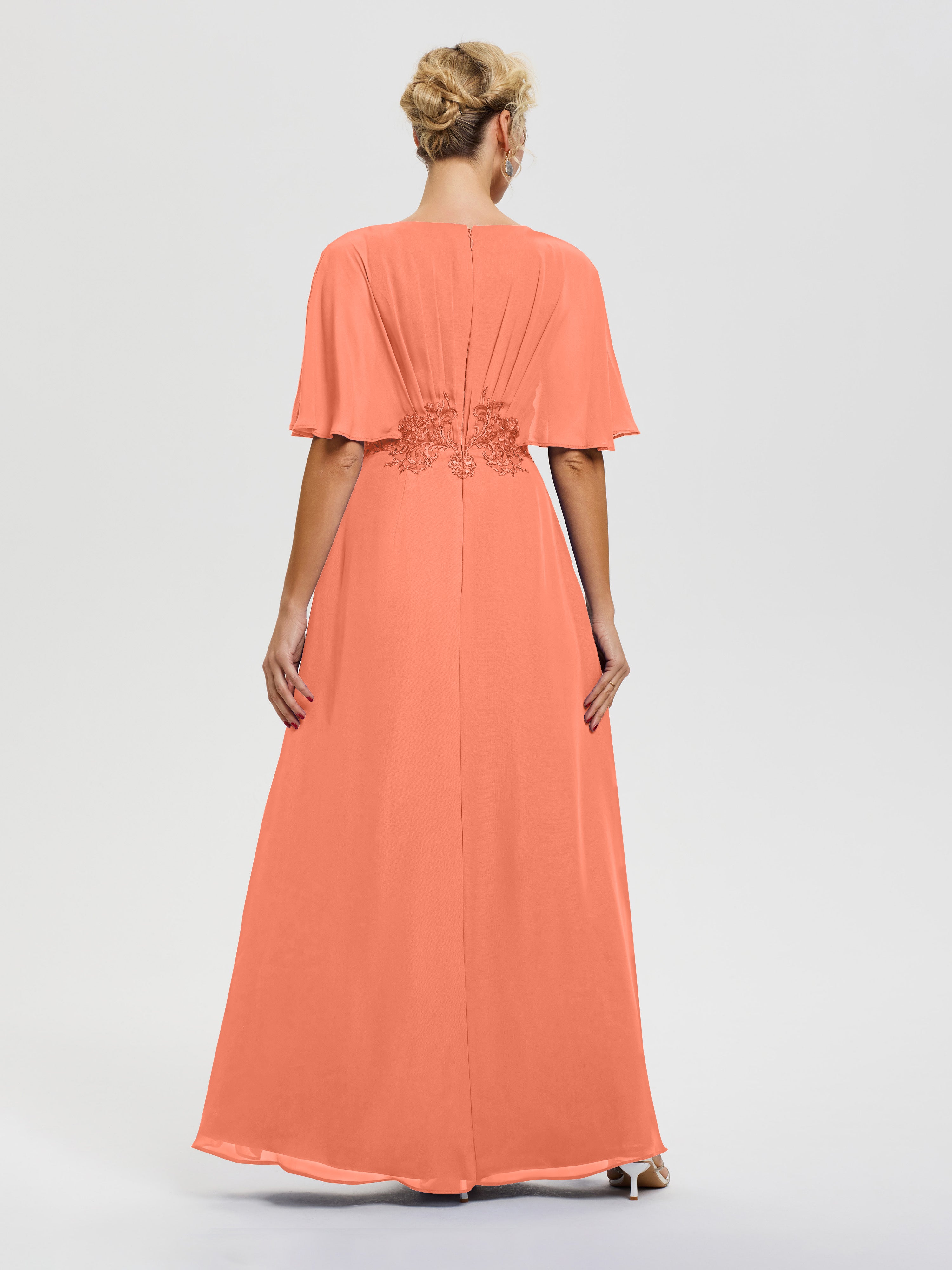 Robe Mariage Mère De La Mariée Coucher De Soleil Mousseline & Dentelle Col V Robe Mère De La Mariée