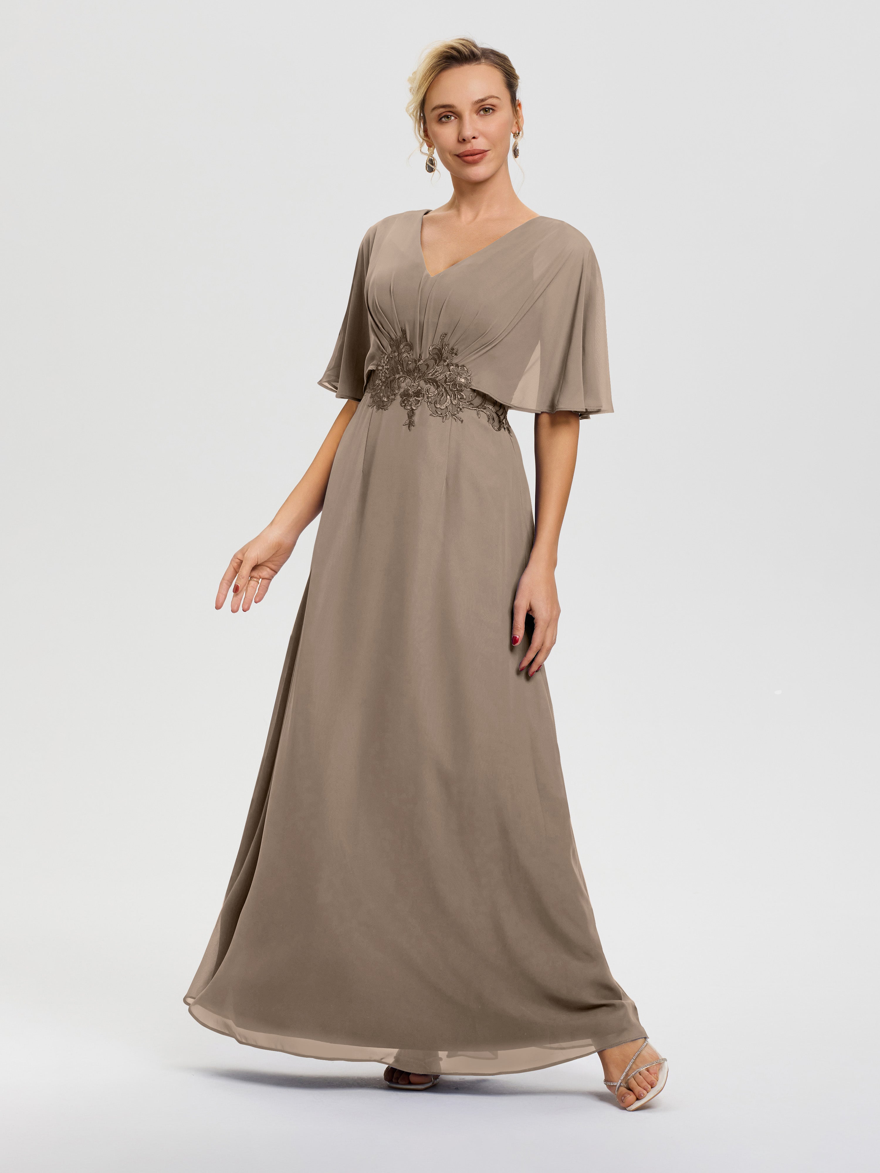 Robes Mères De La Mariée Taupe Mousseline & Dentelle Col V Robe Mère De La Mariée