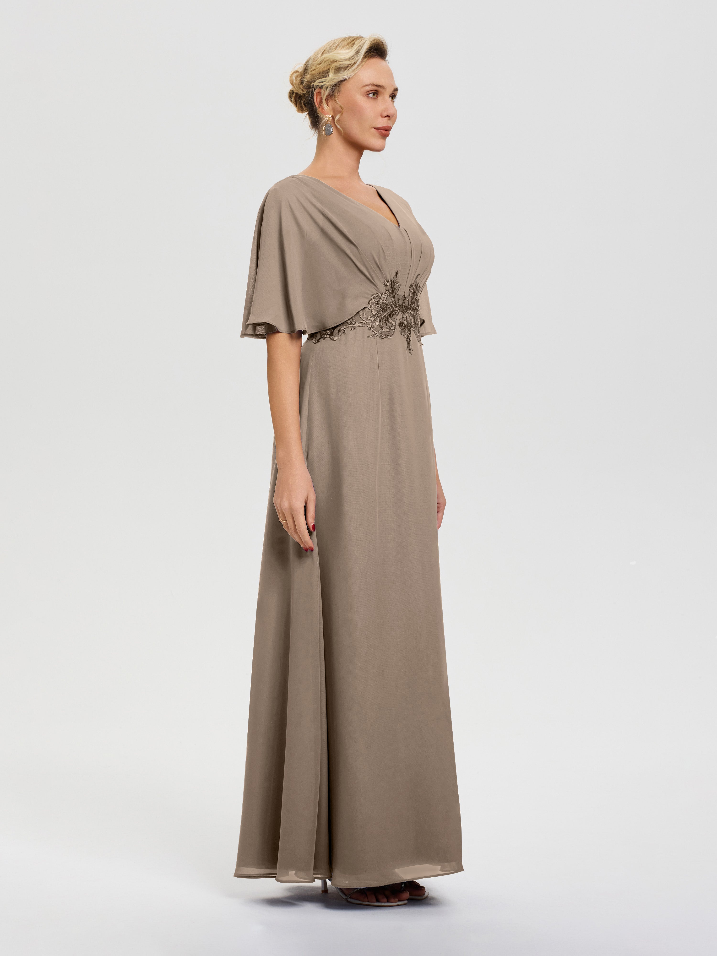 Robes Mères De La Mariée Taupe Mousseline & Dentelle Col V Robe Mère De La Mariée