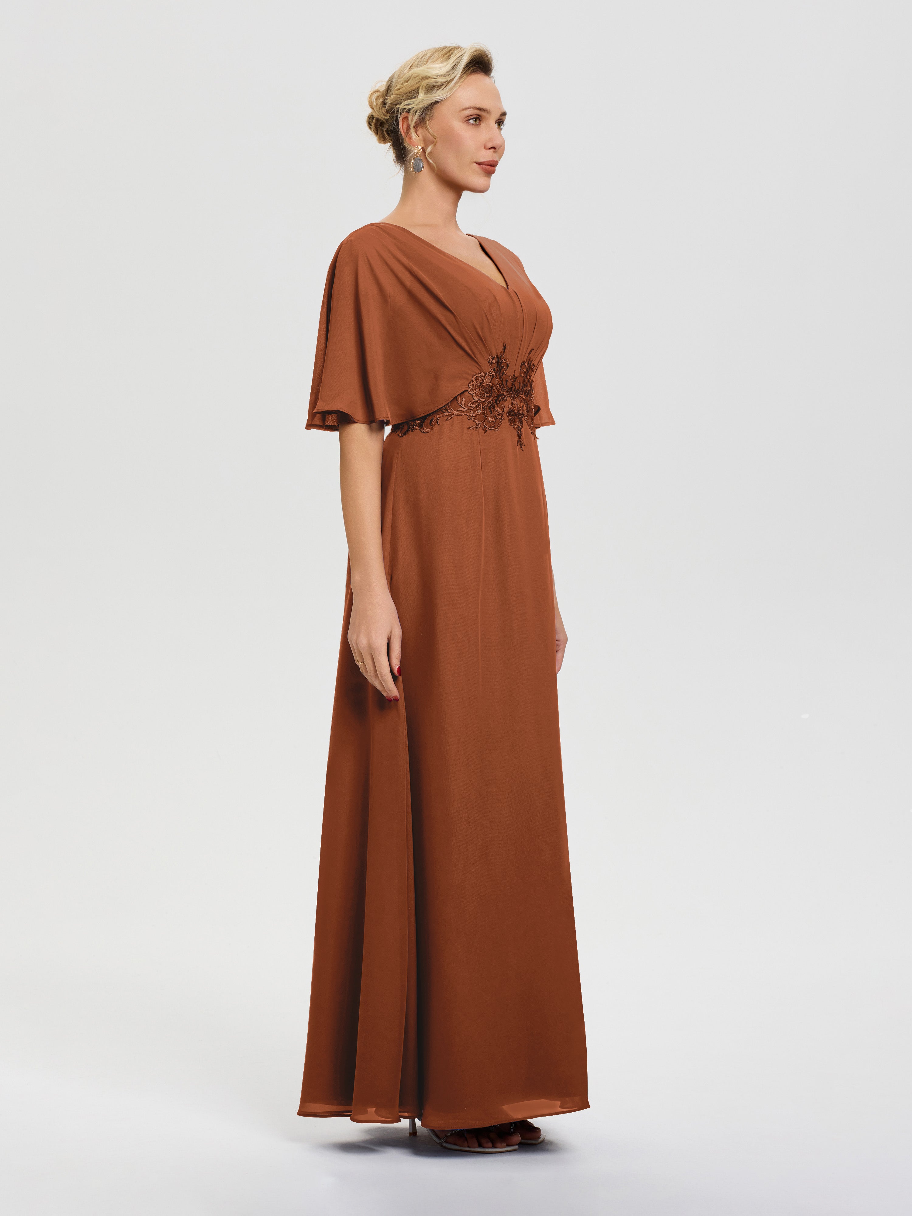 Robe Mere De La Mariee Terracotta Mousseline & Dentelle Col V Robe Mère De La Mariée