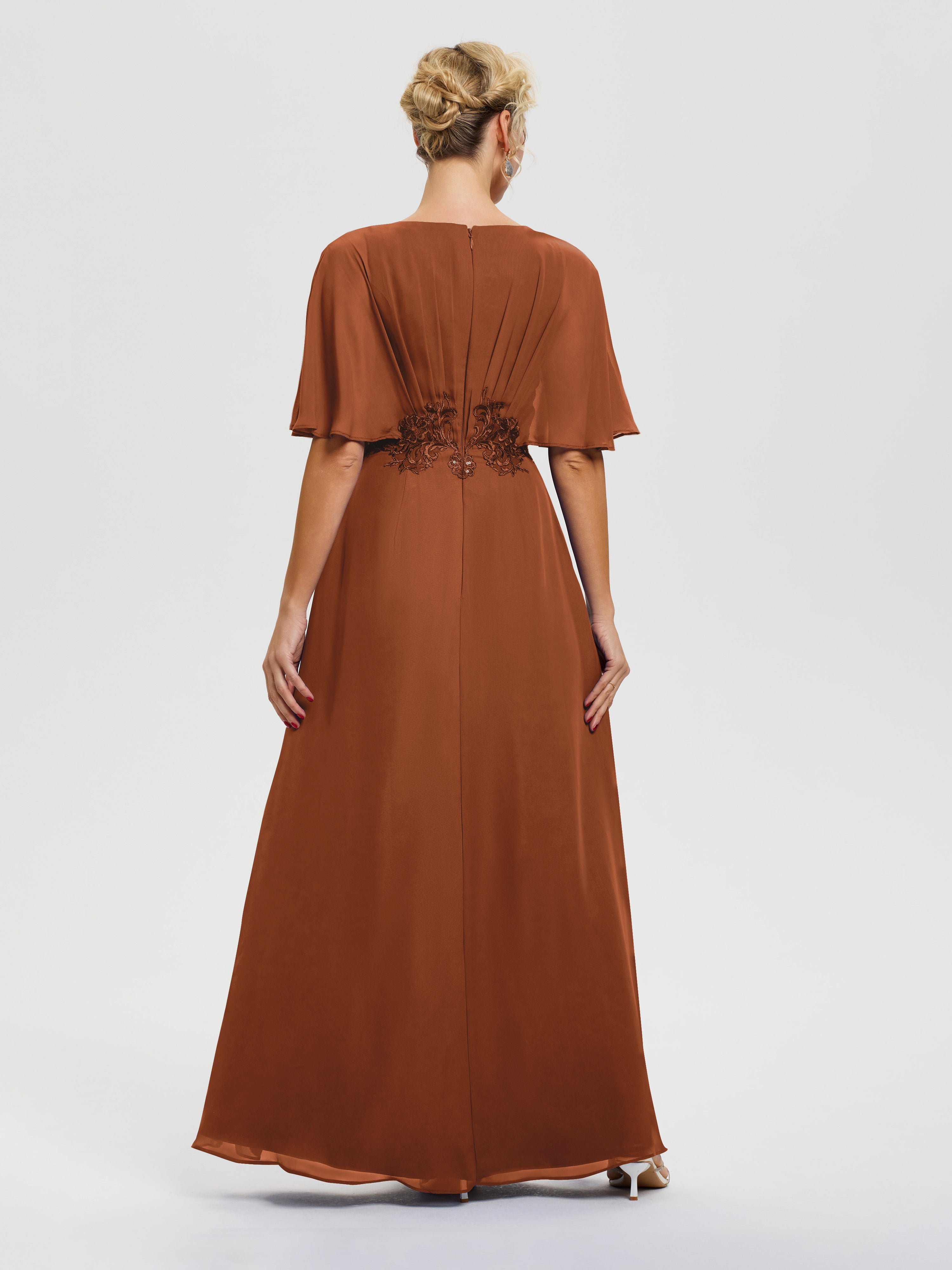 Robe Mere De La Mariee Terracotta Mousseline & Dentelle Col V Robe Mère De La Mariée