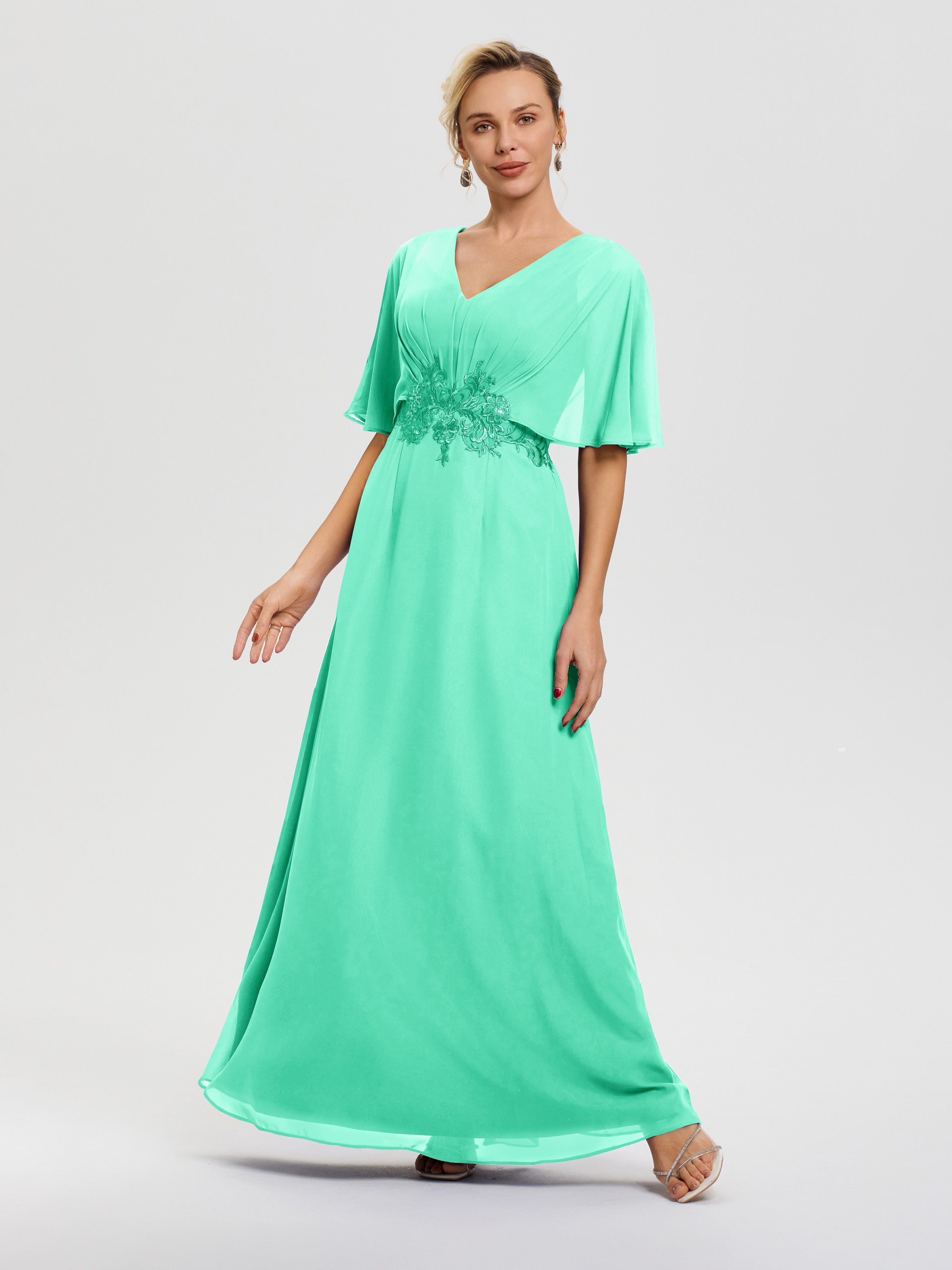 Robe Cérémonie Mère Du Marié Turquoise Mousseline & Dentelle Col V Robe Mère De La Mariée