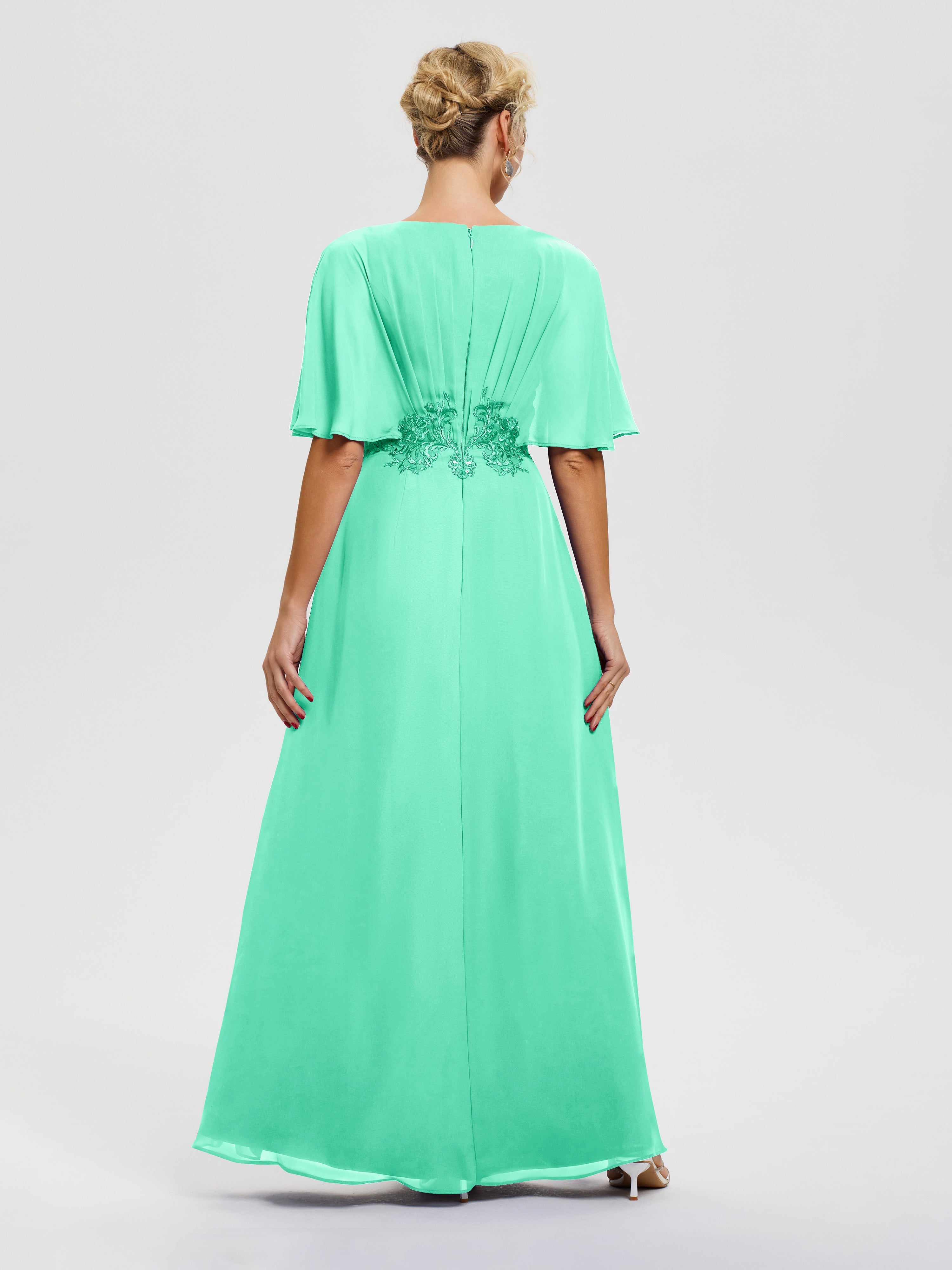Robe Cérémonie Mère Du Marié Turquoise Mousseline & Dentelle Col V Robe Mère De La Mariée