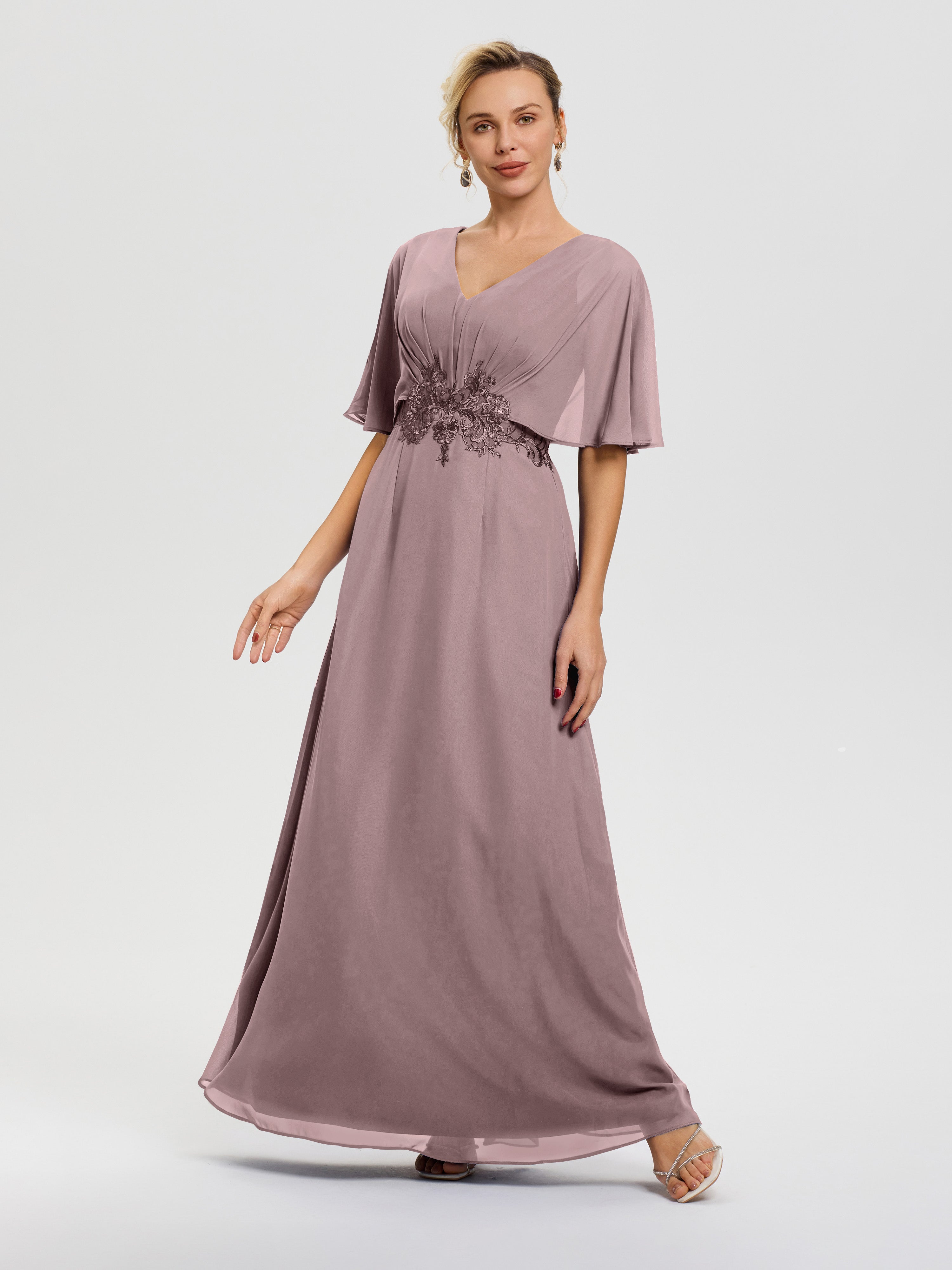Robe Cérémonie Mère Du Marié Vintage Mauve Mousseline & Dentelle Col V Robe Mère De La Mariée