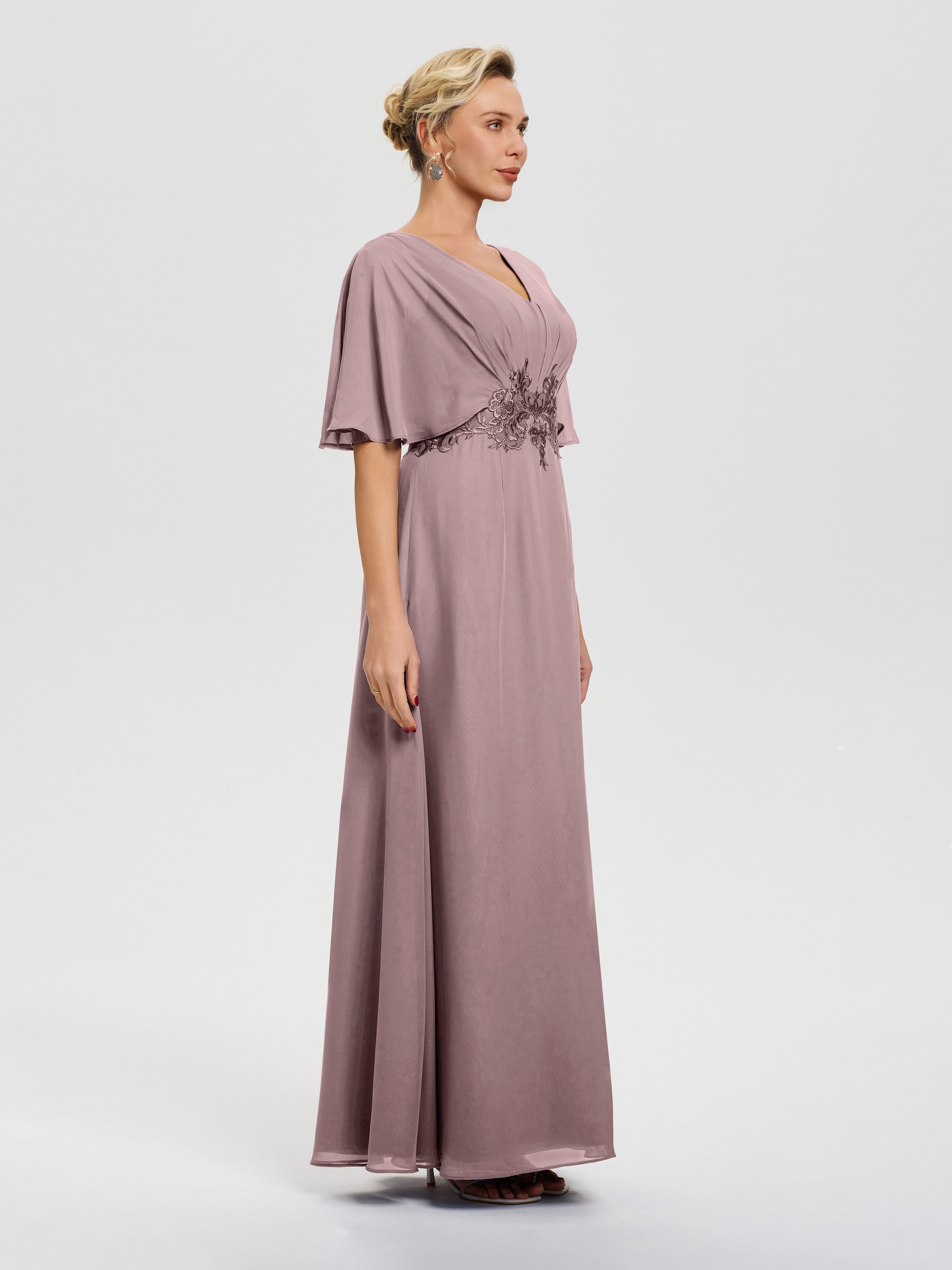 Robe Cérémonie Mère Du Marié Vintage Mauve Mousseline & Dentelle Col V Robe Mère De La Mariée