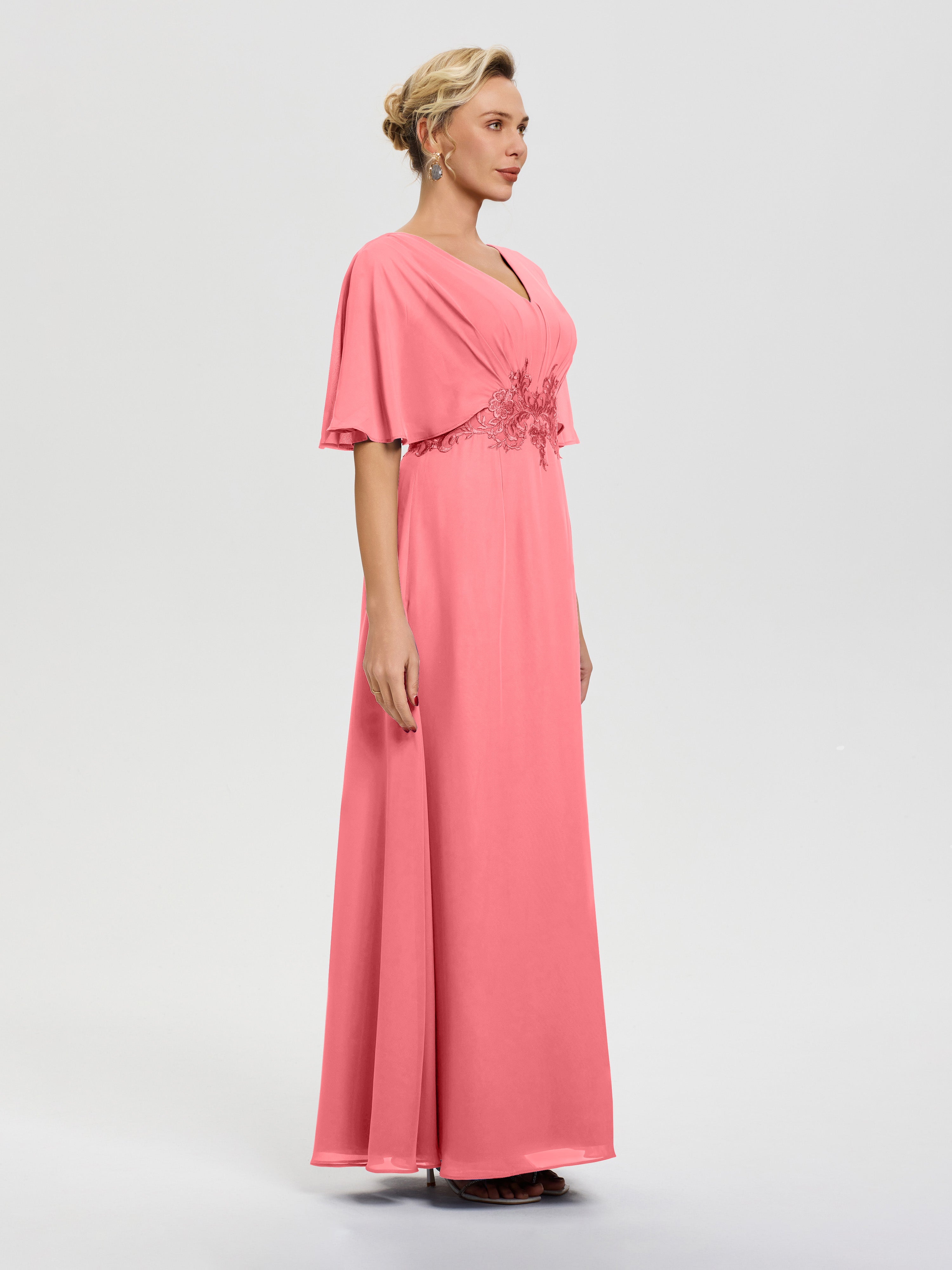 Robe Mère De La Mariee Pastèque Mousseline & Dentelle Col V Robe Mère De La Mariée