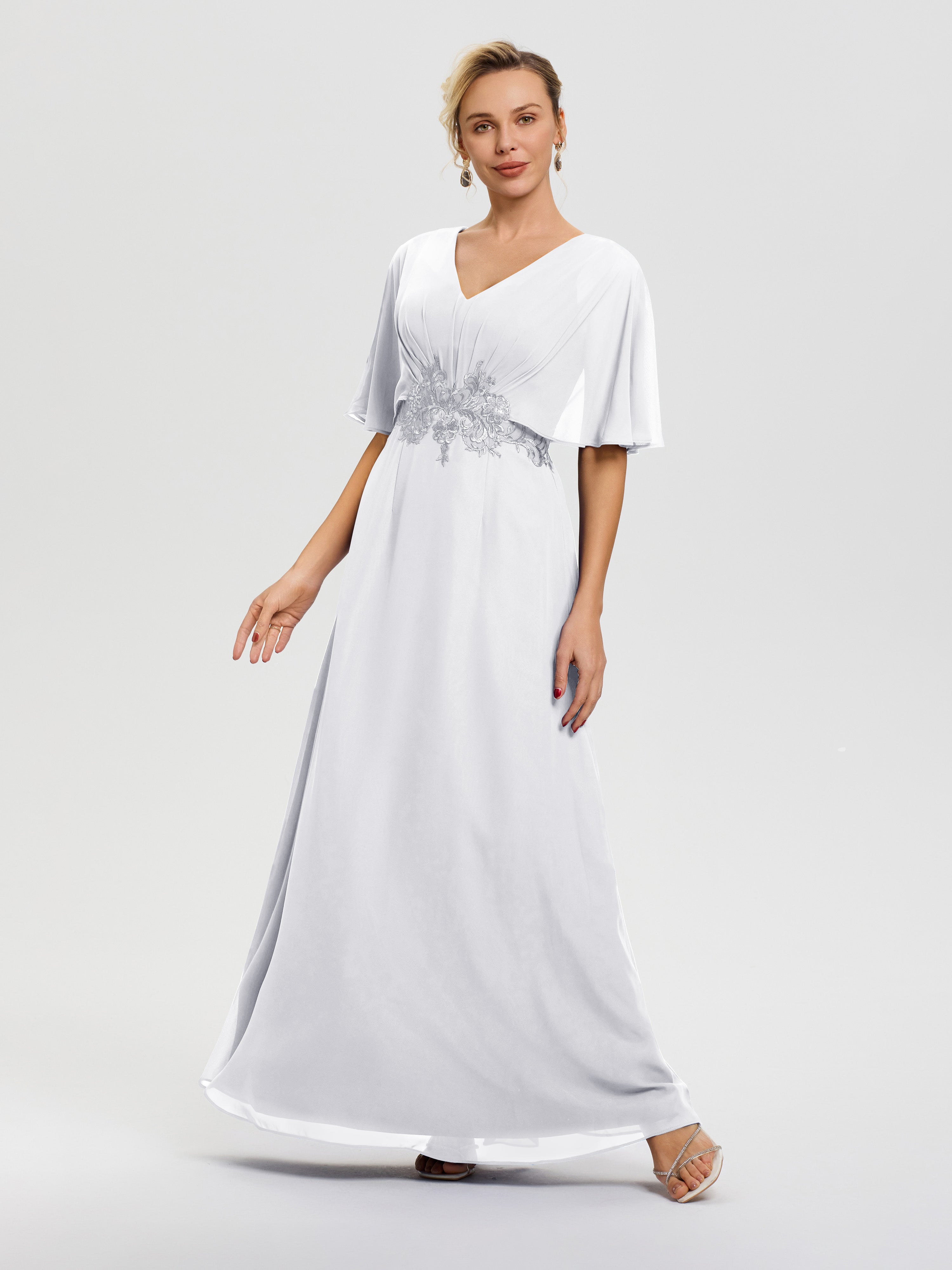 Robe Mère De La Mariée Blanc Mousseline & Dentelle Col V Robe Mère De La Mariée