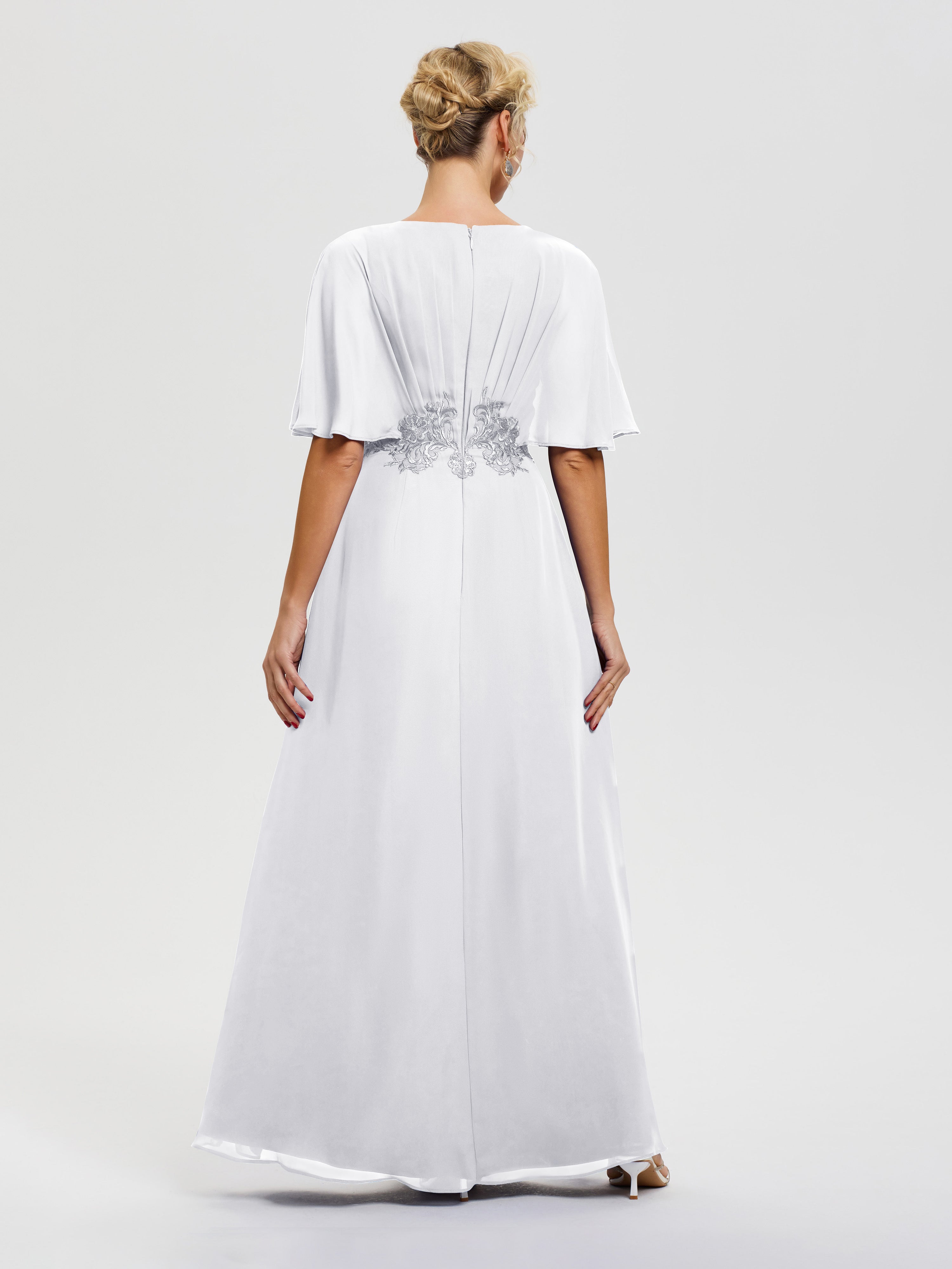 Robe Mère De La Mariée Blanc Mousseline & Dentelle Col V Robe Mère De La Mariée