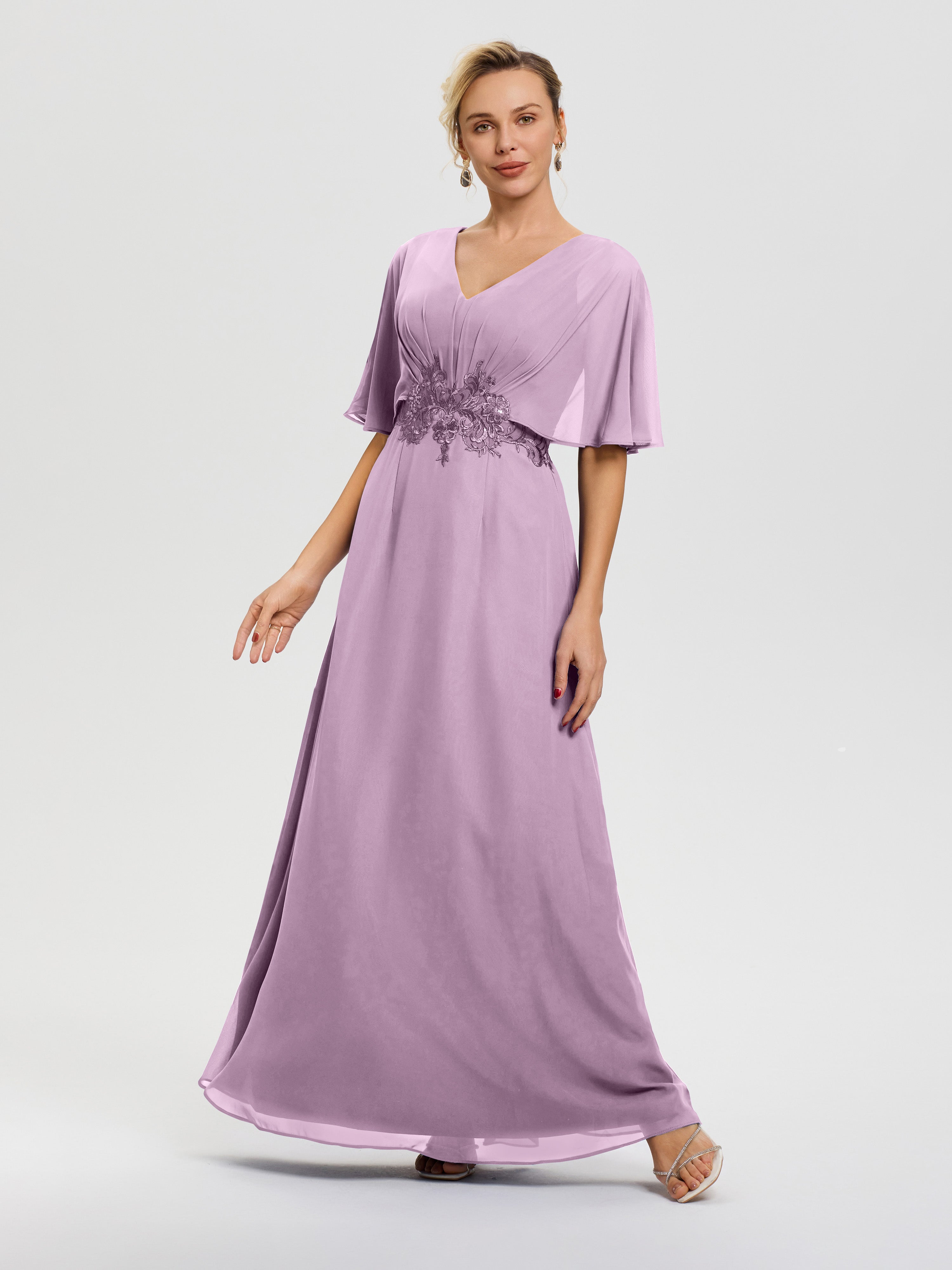 Robe Mariage Mère Du Marié Glycine Mousseline & Dentelle Col V Robe Mère De La Mariée